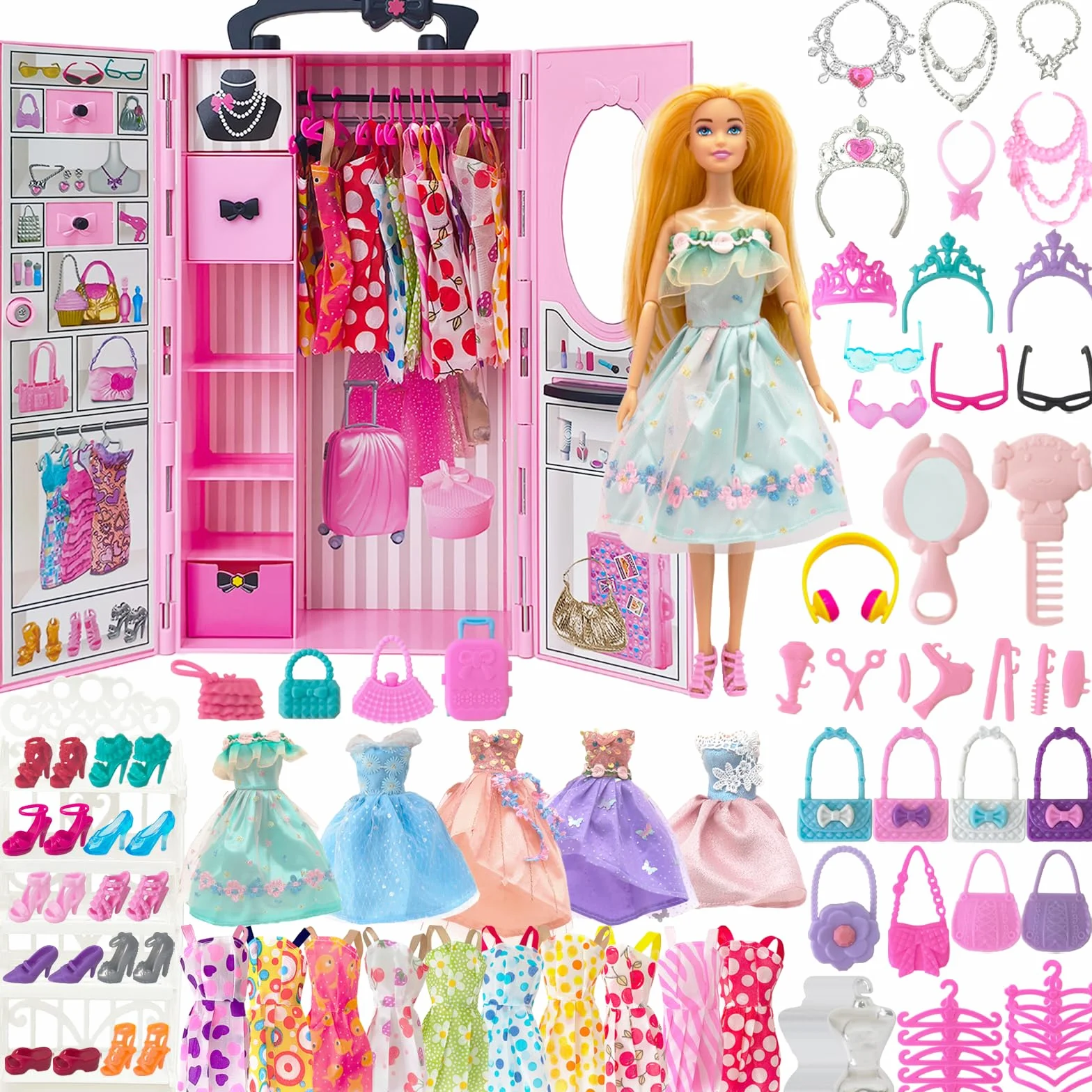 122 Pezzi Armadio Bambole Playset con Bambole 11,5 Pollici, Vestiti e Accessori, Include Abiti Principessa Scarpe Borse, Giocattoli Travestimento Adatti a Bambine, Bambini e Bambini (Rosa)