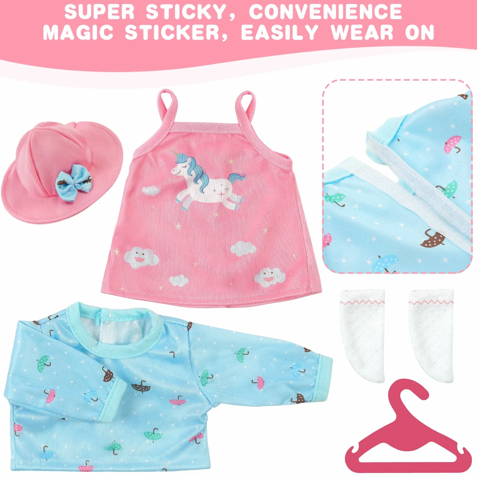 Aolso Vestiti per Bambole per New Born Baby Doll, Abito per Bambolotti 35-45CM, Vestito Stampa con Cappello, con 1 paio di Calzini e 1 Gruccia, Rosa e Blu (Bambola non Inclusa)