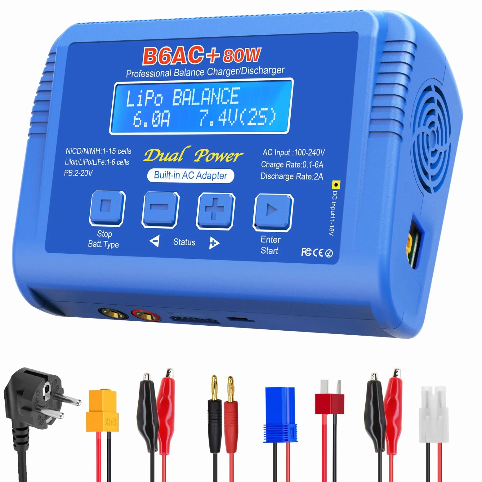 Haisito Lipo - Caricatore da 80 W, 6 A, per Li-Ion, Life, NiMH, NiCd, LiHV, Pb, con adattatore integrato, Lipo Balance Charger per airsoft, auto RC, barche, droni