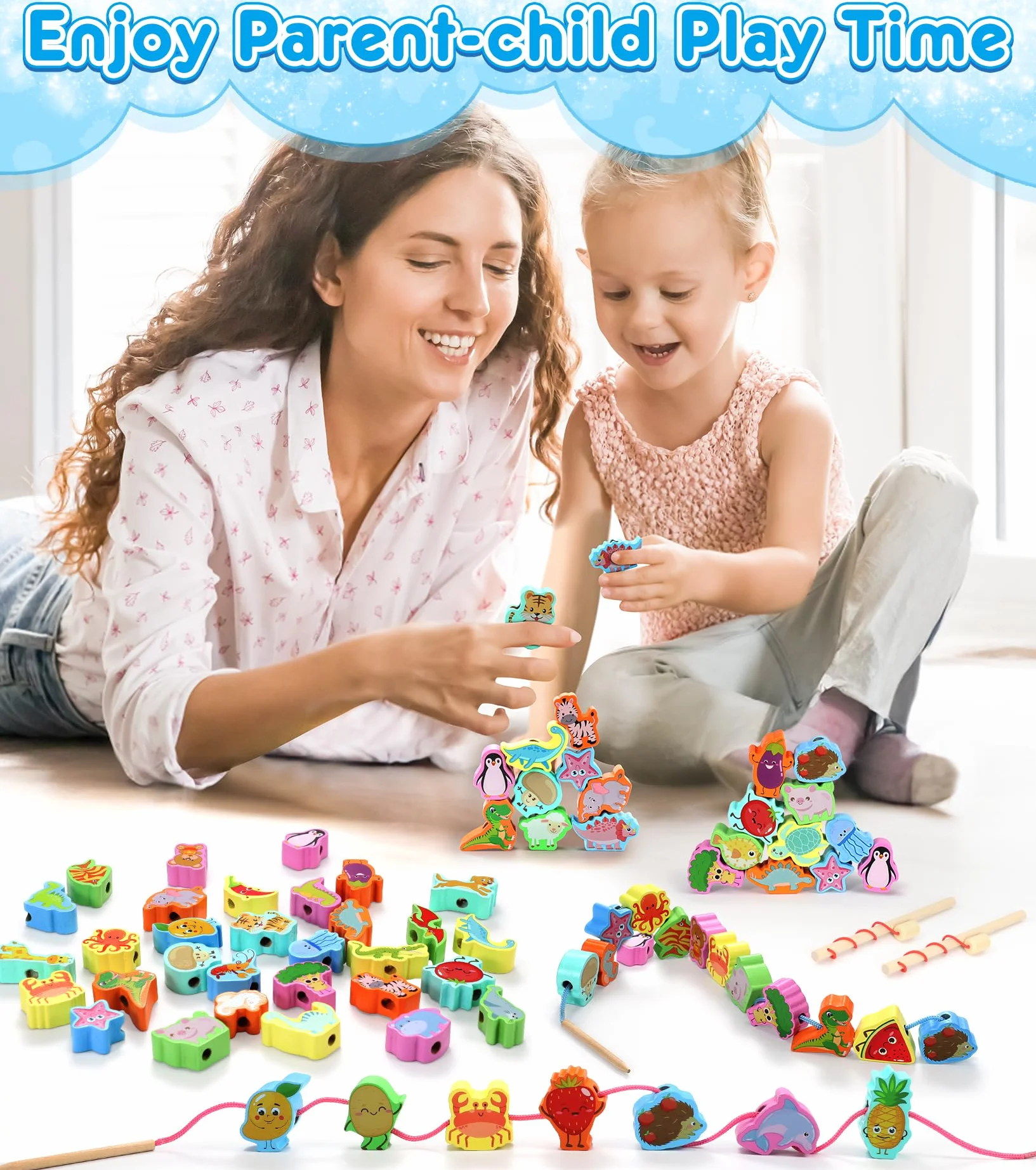 Ophy Giochi Montessori 6 Temi per Bambini - 2 in 1 Giocattoli Educativi per 2-3 Anni | Perline di Legno Giochi da Infilare