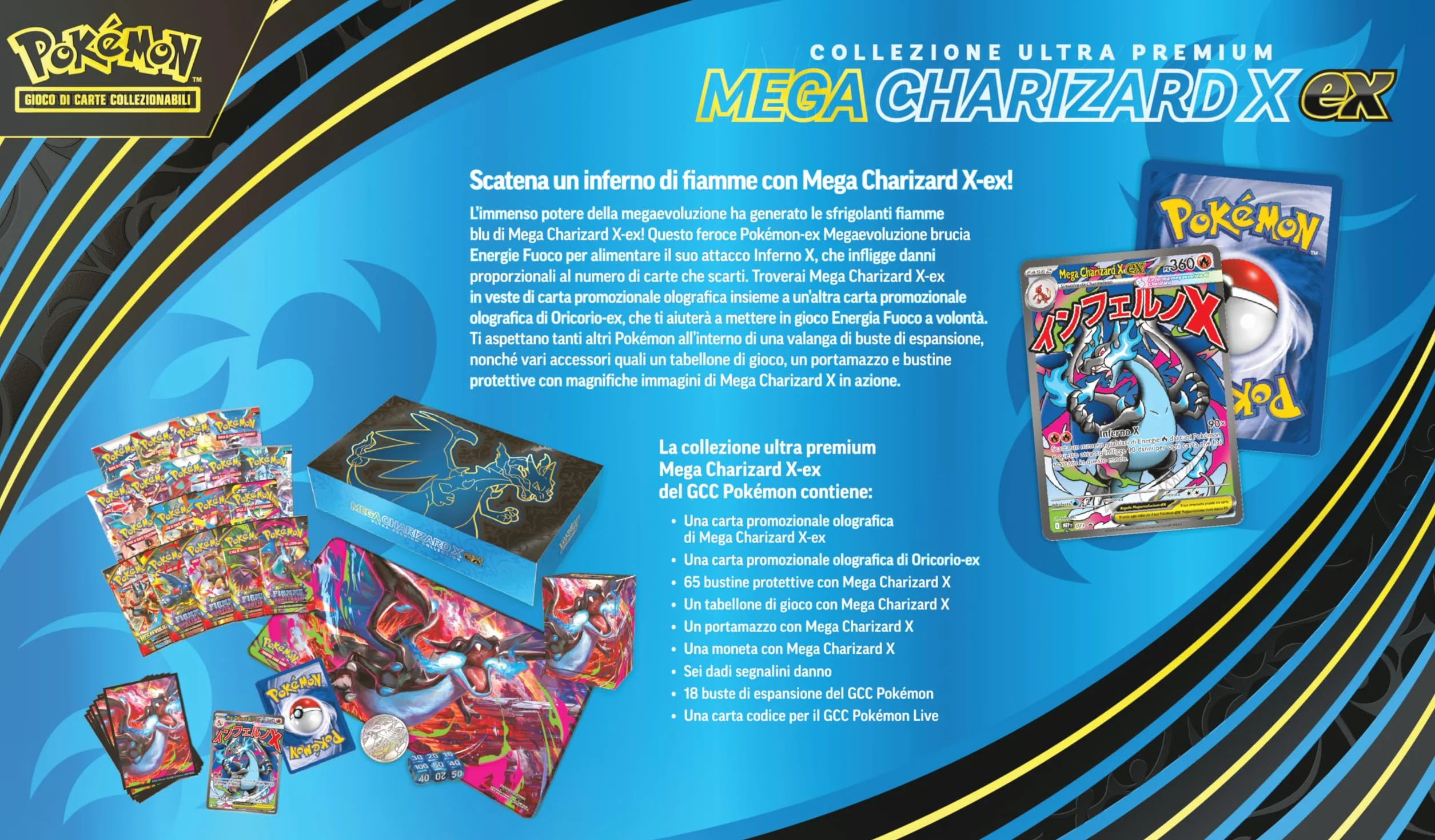 Pokémon GCC: Collezione Ultra Premium Mega Charizard X-ex con 2 carte olografiche, 18 buste espansione e accessori premium