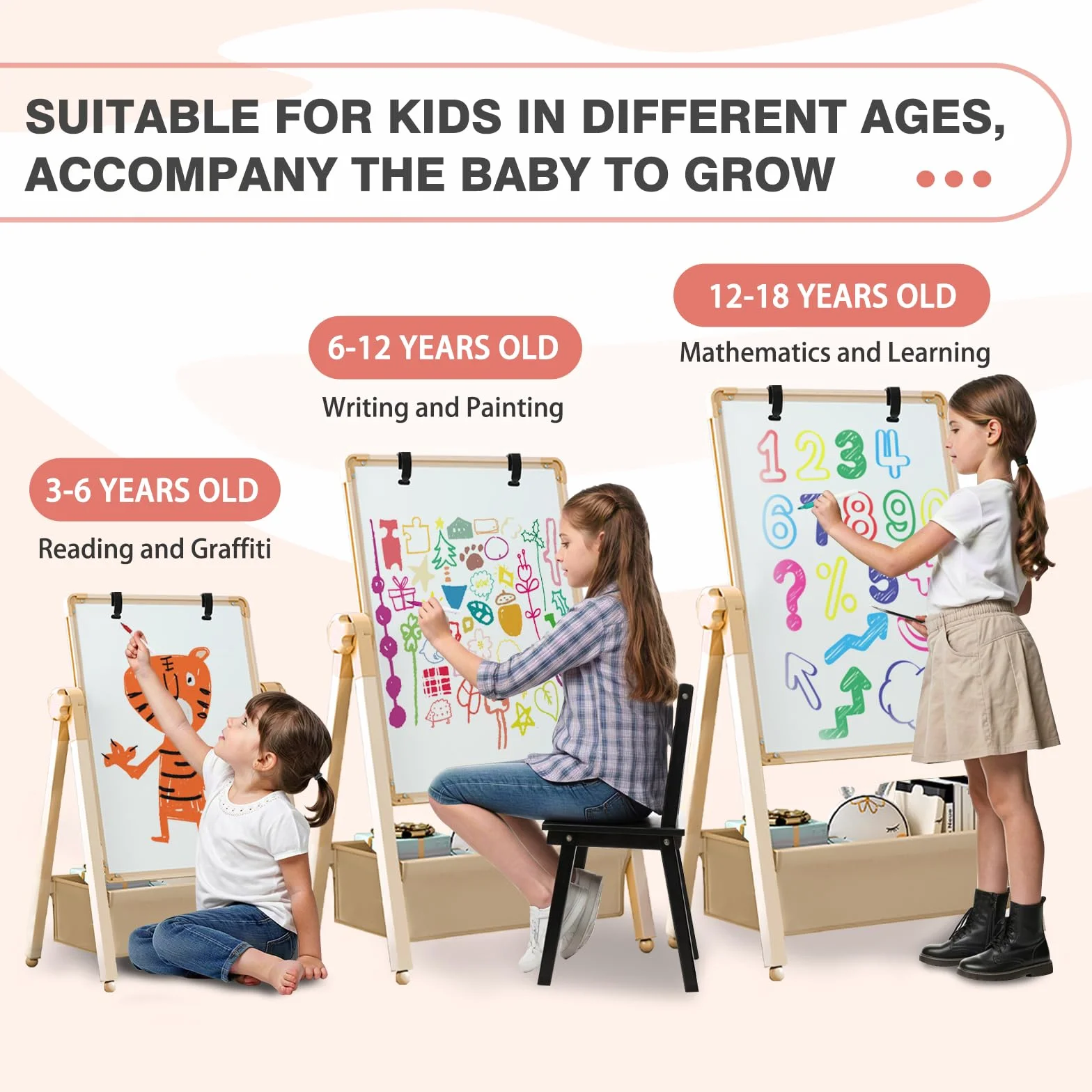 Lavagna per Bambini 3 in 1 Cavalletto Artistico Doppia Faccia Regolabile Altezza Girevole 360° con Lettere e Numeri