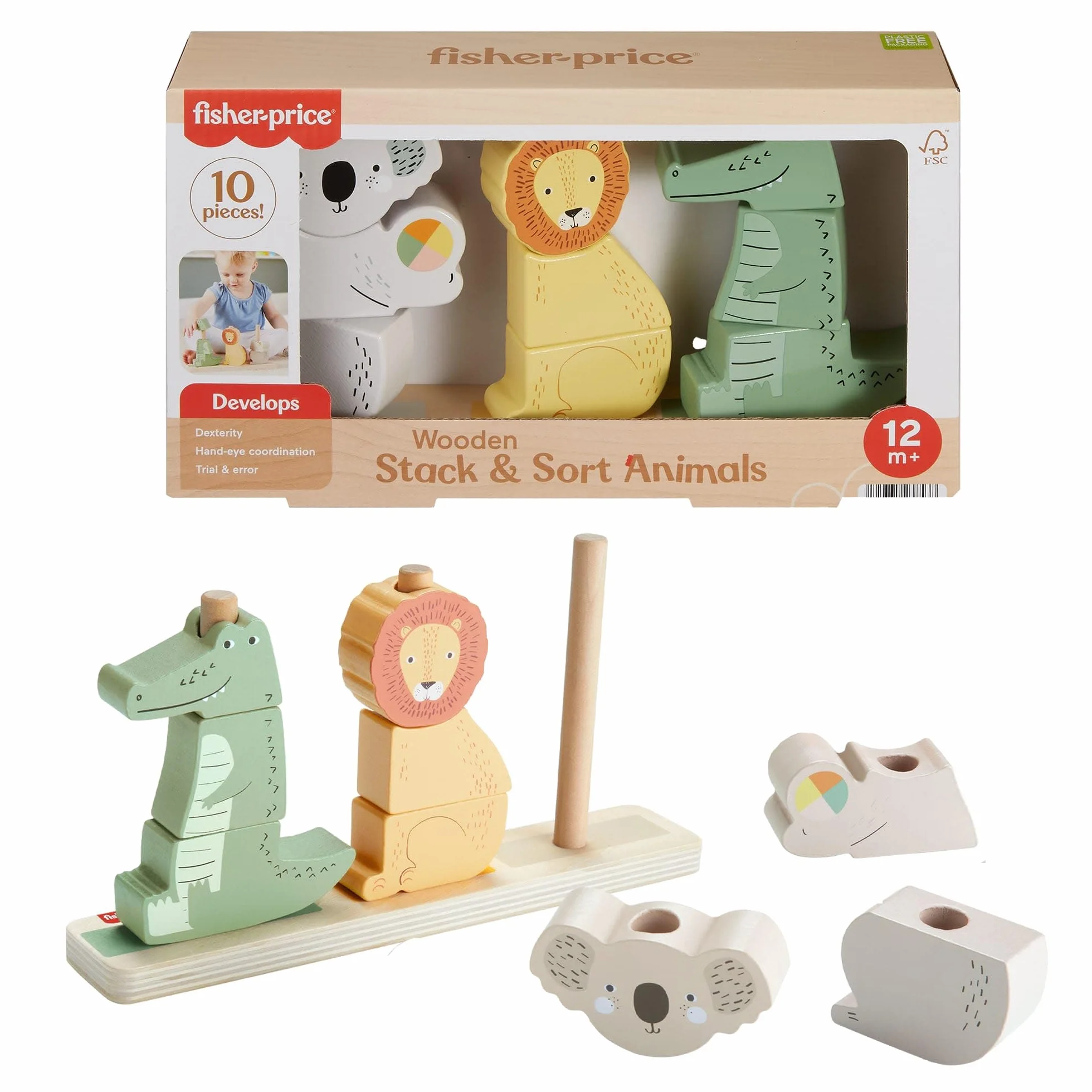Animali da impilare e ordinare in Legno Fisher-Price, 10 Pezzi HXV04