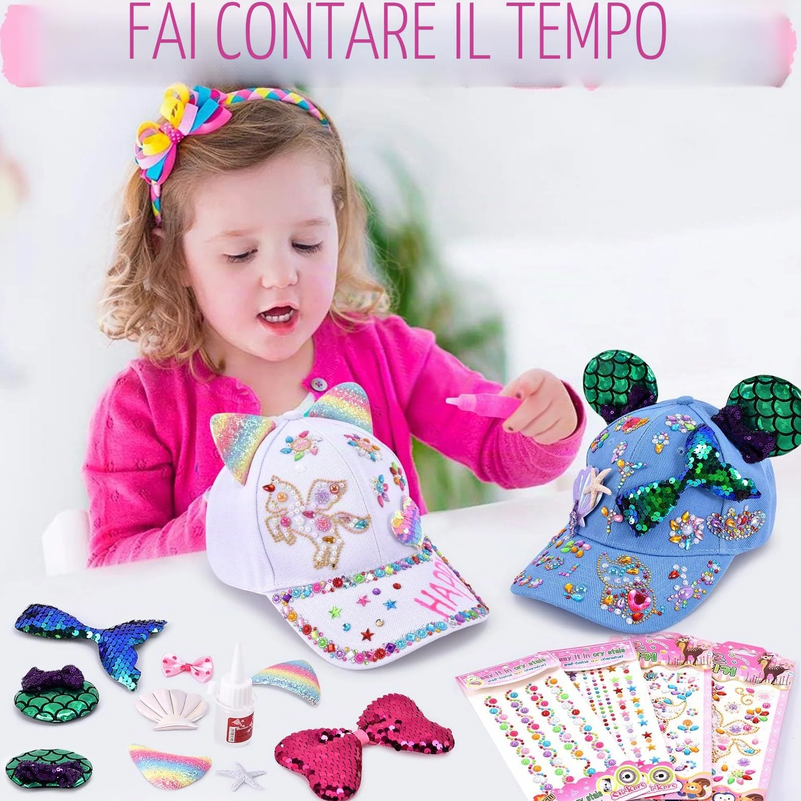 vamei Regalo per Ragazza 4 5 6 7 8 9 10 11 Anni Fai Da Te Cappellino da Baseball DIY Berretto con Adesivi per Unicorno Strass Decora Cappellino da Baseball Regali di Compleanno Ragazza