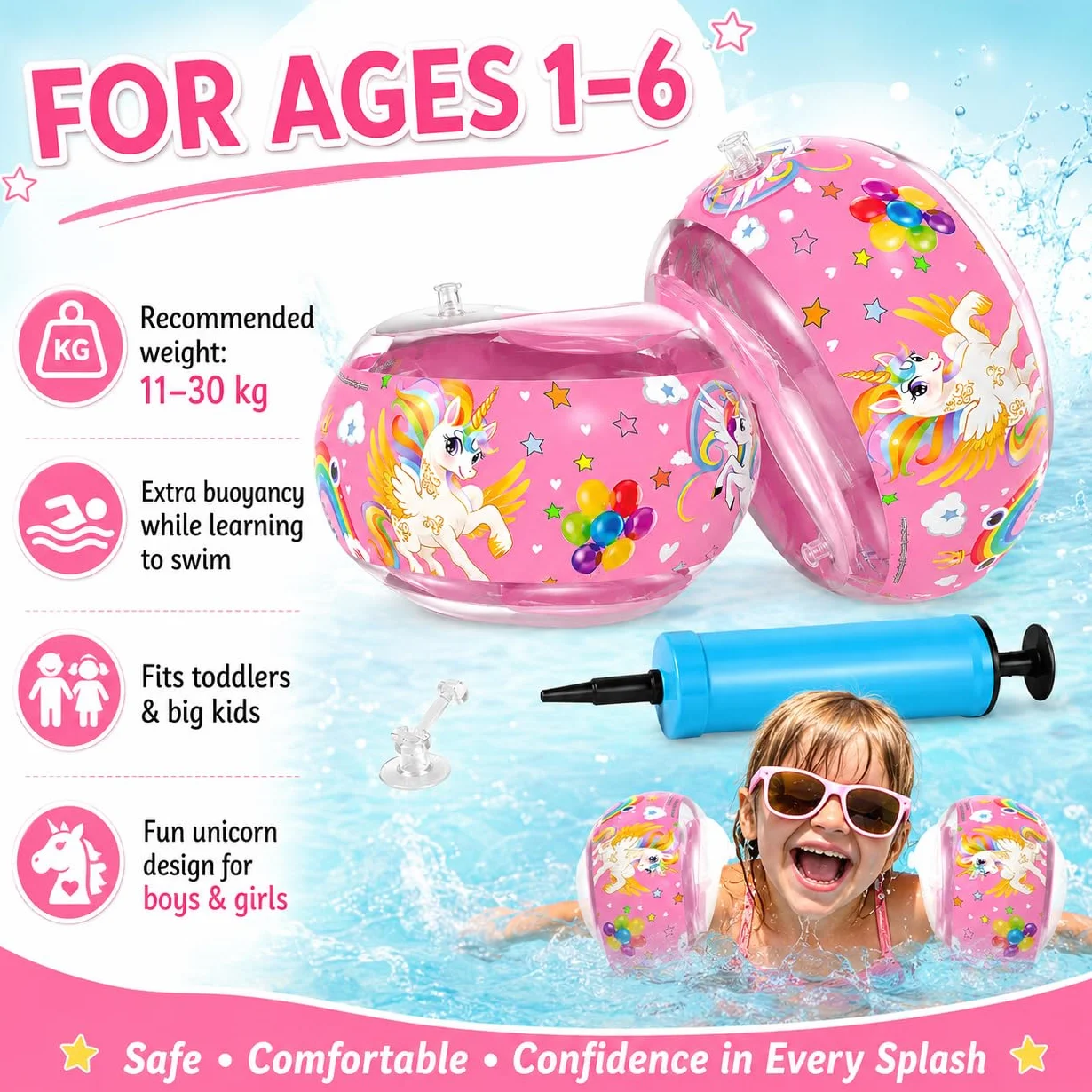 Braccioli Bambini Gonfiabili, 1-6 Anni, con 3 Airbag Indipendenti, per Nuoto Sicuro e Confortevole, Adatti a Bambini da 11 a 30 kg, Perfetti per Piscina e Attività Estive