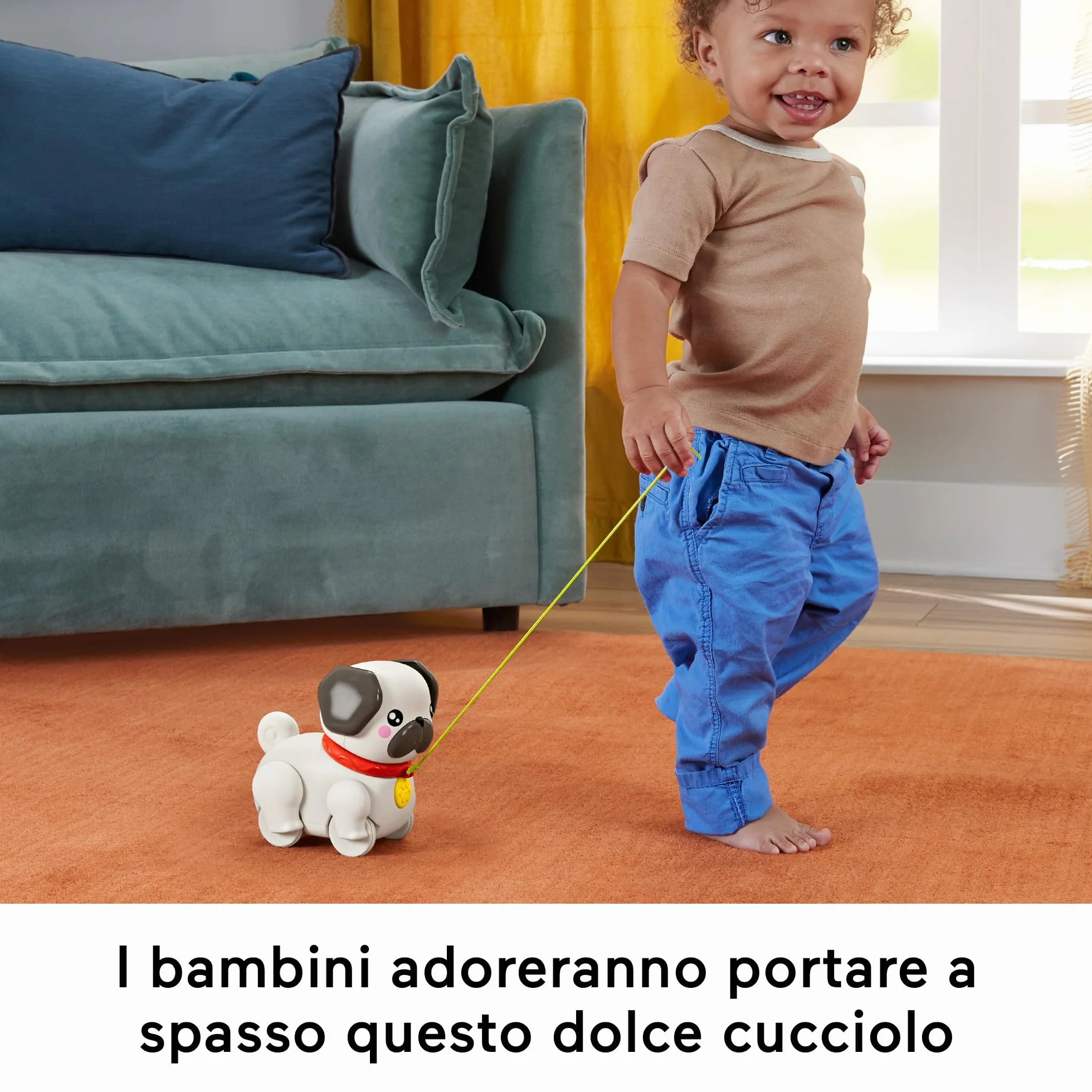 Fisher-Price Pets - Carlino Cammina con Me, Cucciolo trainabile con guinzaglio e Suoni, incoraggia a Camminare e abbaia con Il Movimento, giocatolo per Bambini, 12+ Mesi, HTW94