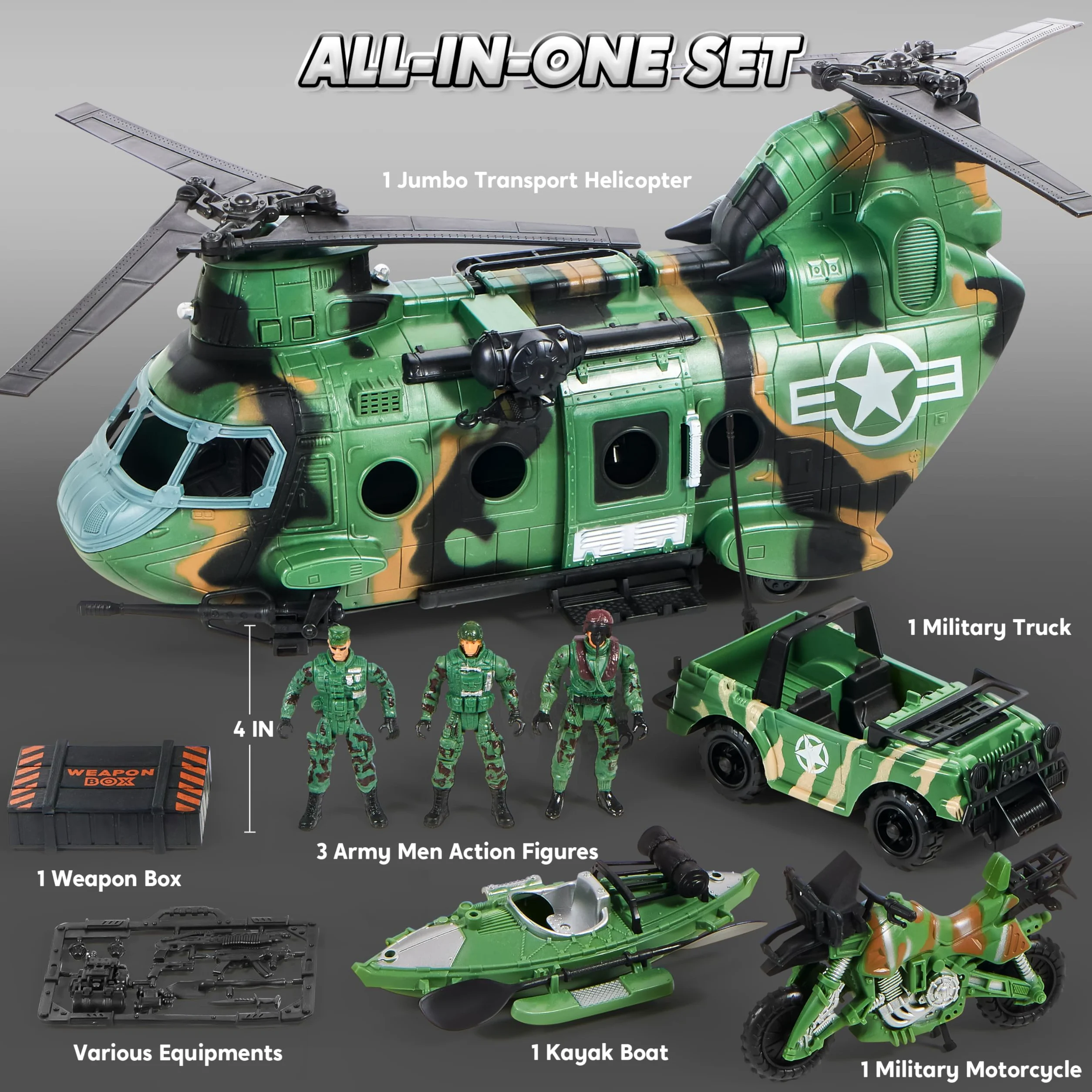 JOYIN 10-in-1 Jumbo Giocattolo Elicottero da Trasporto Militare Set Compreso Elicottero con Luci e Suoni Realistici, Camion Militare, Barca Kayak, Moto, Action Figure