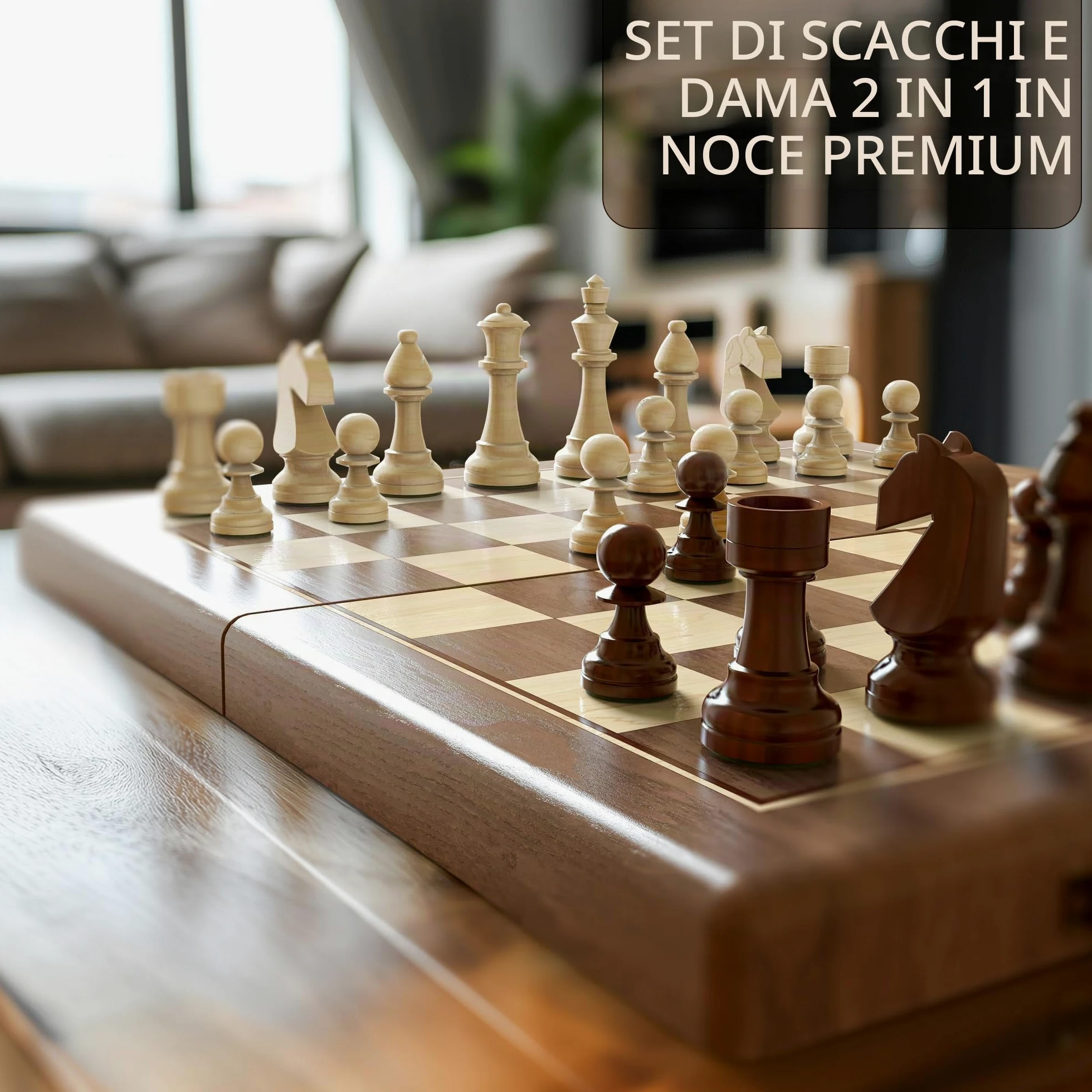 Set di scacchi magnetici e dama in noce, 38 cm, gioco da tavolo pieghevole 2 in 1 con personaggi Staunton, 2 donne extra, mattoncini e sacchetto antipolvere (nero)