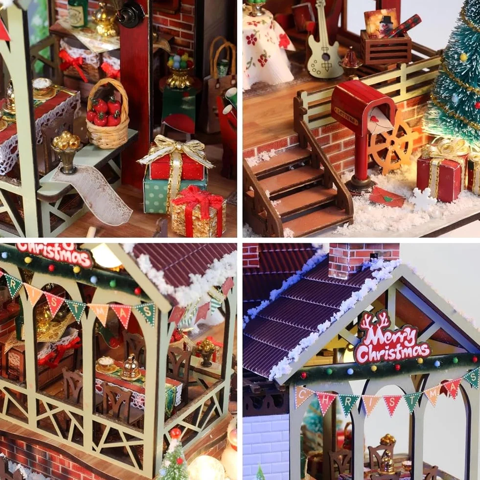 Kit fai da te per casa delle bambole in miniatura di Natale, kit mini casa delle bambole in legno per adulti, puzzle 3D in legno con LED, regalo di Natale e compleanno, decorazione per la casa per