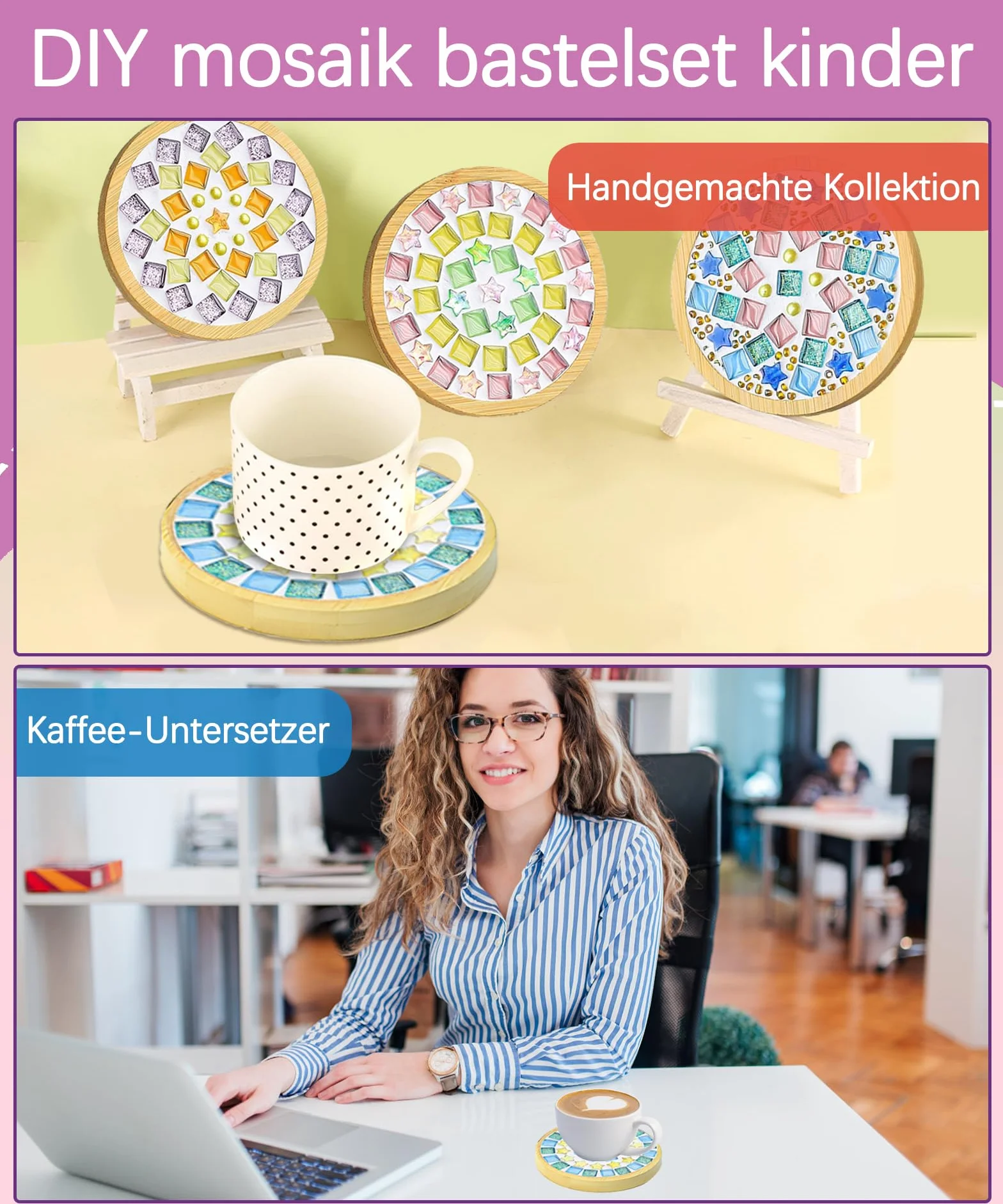 Finsink Set di 8 sottobicchieri a mosaico per bambini, set fai da te,di sottobicchieri in legno, set di pietre a mosaico per il fai da te, regalo di compleanno per bambini adulti