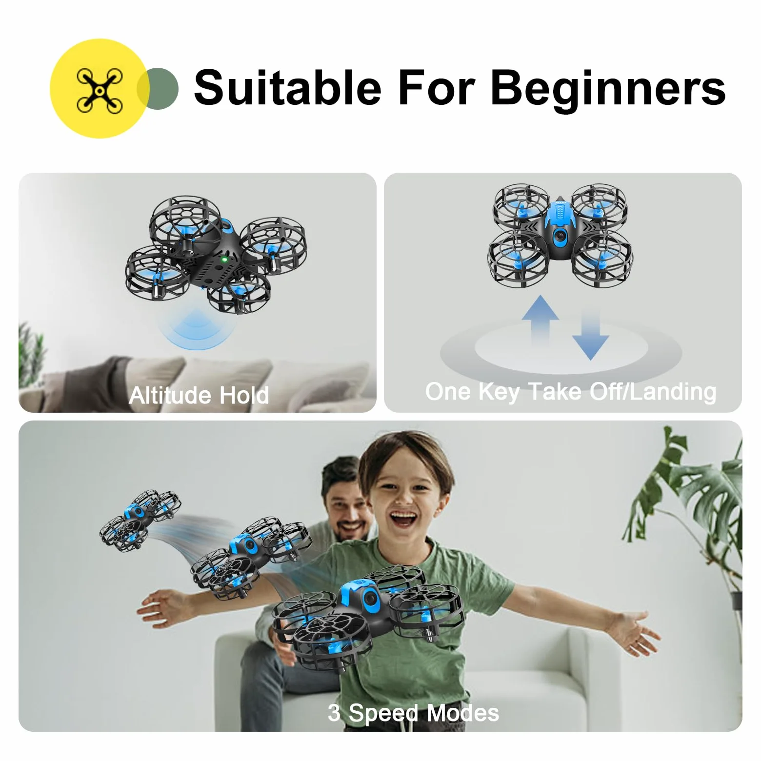 4DRC V18 Mini Dron con 2 Controlli per Bambini, Principianti, Flip 3D, Luci, Modalità Senza Testa, 3 Velocità, Planata Auto, Altitudine Fissa, 2 Batterie, Quadricottero RC, Regalo per Ragazzi