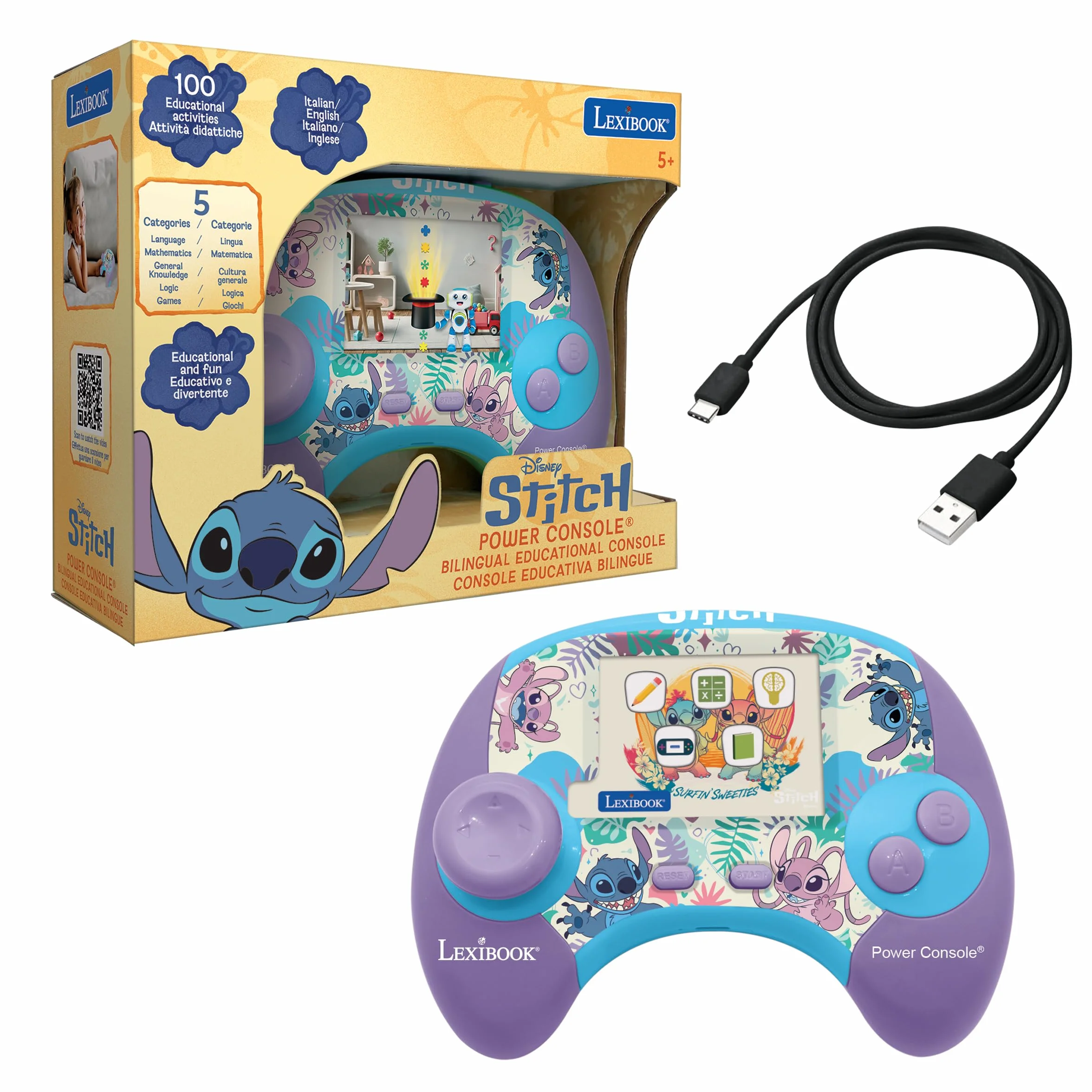 Lexibook, Disney Stitch, Power Console®, console educativa bilingue con 100 attività, INGLESE/ITALIANO, JCG100Di5