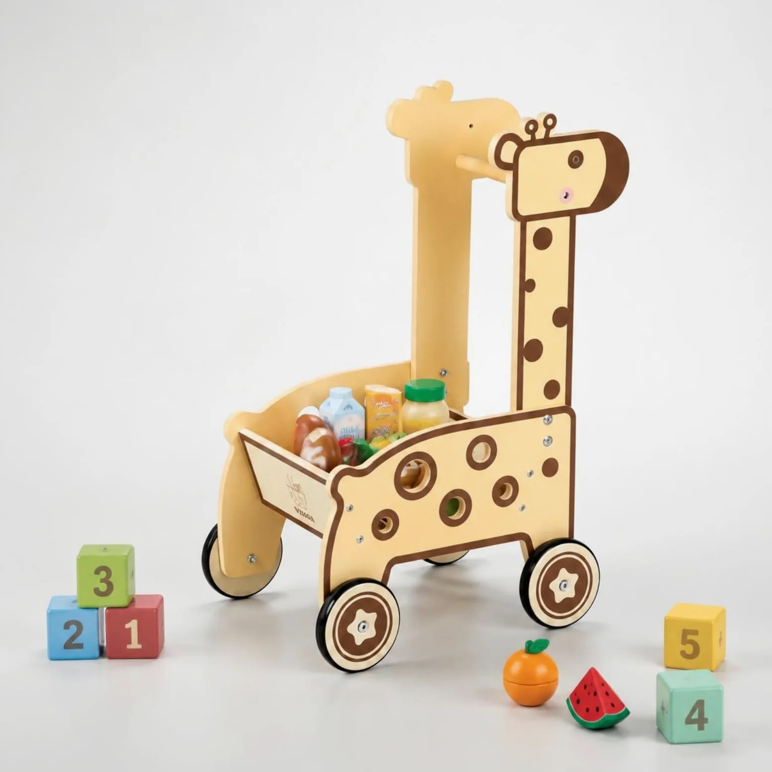 Milageto Carrello della Spesa Giocattolo in Legno per Bambini con Struttura Classica Ruote Lisce Maniglia Solida Comparto Aperto Set di Alimenti in Legno, Carrello della Spesa Rosa