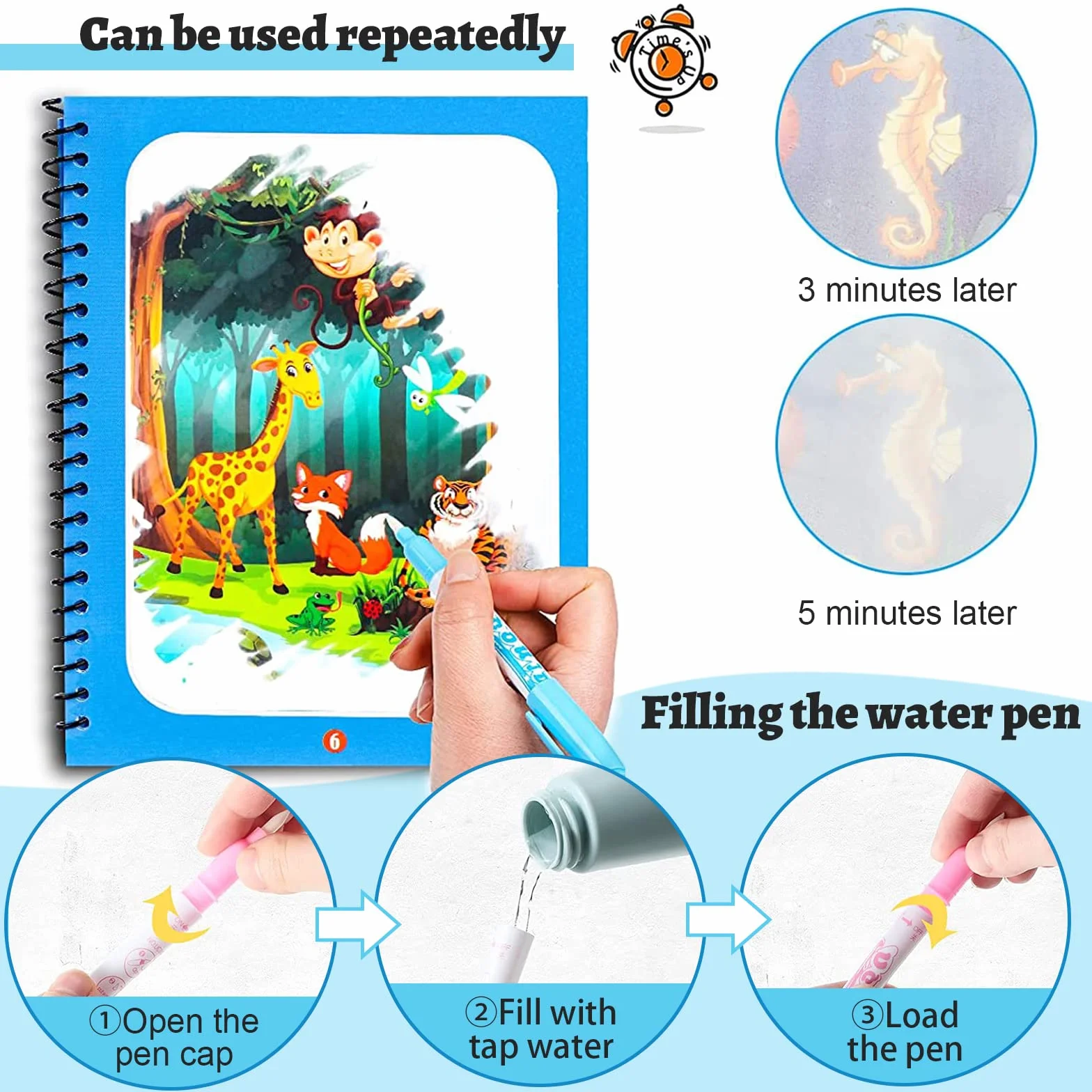 Libri per pittura ad acqua per bambini, 6 pezzi, libro magico da colorare ad acqua, riutilizzabili, con 6 penne magiche, giocattoli da viaggio per bambini in aereo
