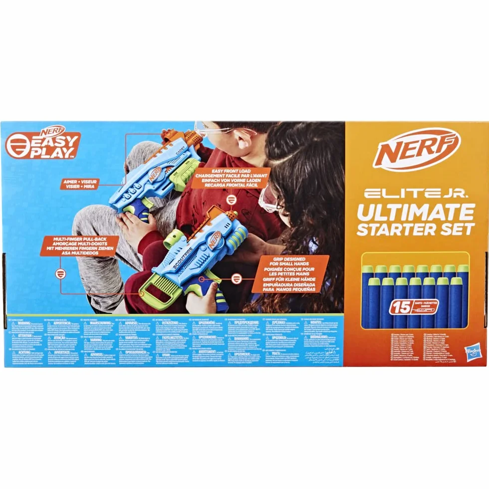 Nerf Elite Jr - Set Ultimate Starter, 2 blaster in gommapiuma facili da usare, 15 dardi Nerf Elite, 2 bersagli, per giochi all'aperto