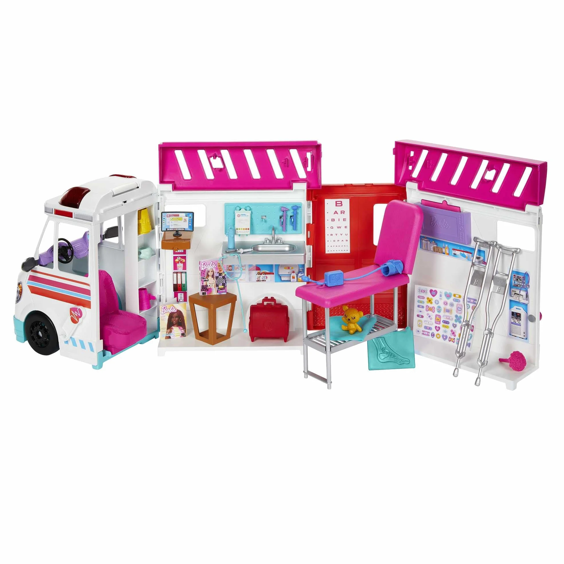 Barbie - Playset Ambulanza, veicolo di primo soccorso con luci, suoni e 20+ accessori, giocattolo per bambini, 3+ anni, HKT79