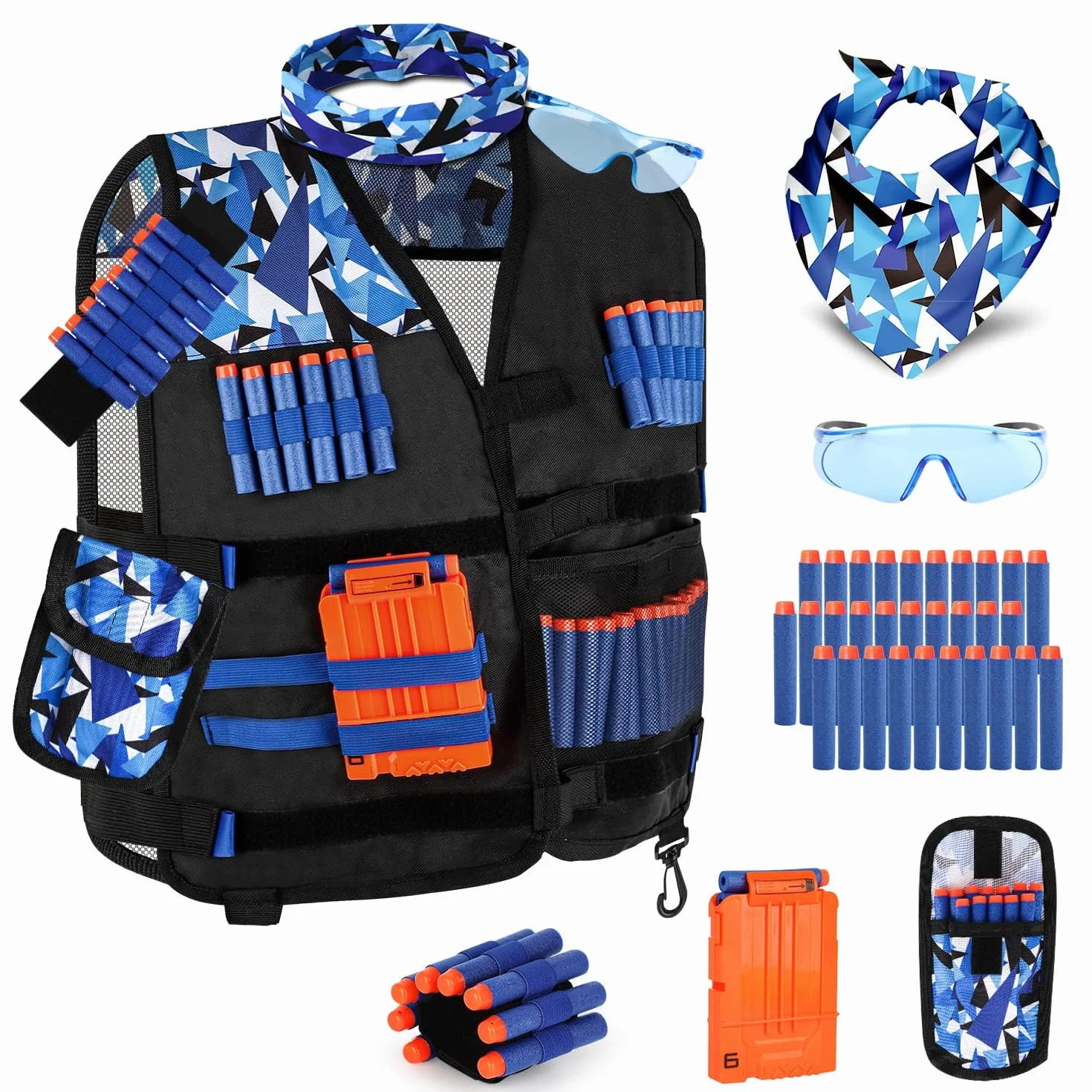 Lehoo Castle Kids Tactical Vest Kit dla Nerf Guns N-Strike Elite Series z 30 Freccette, Custodia, Maschera (Blu)