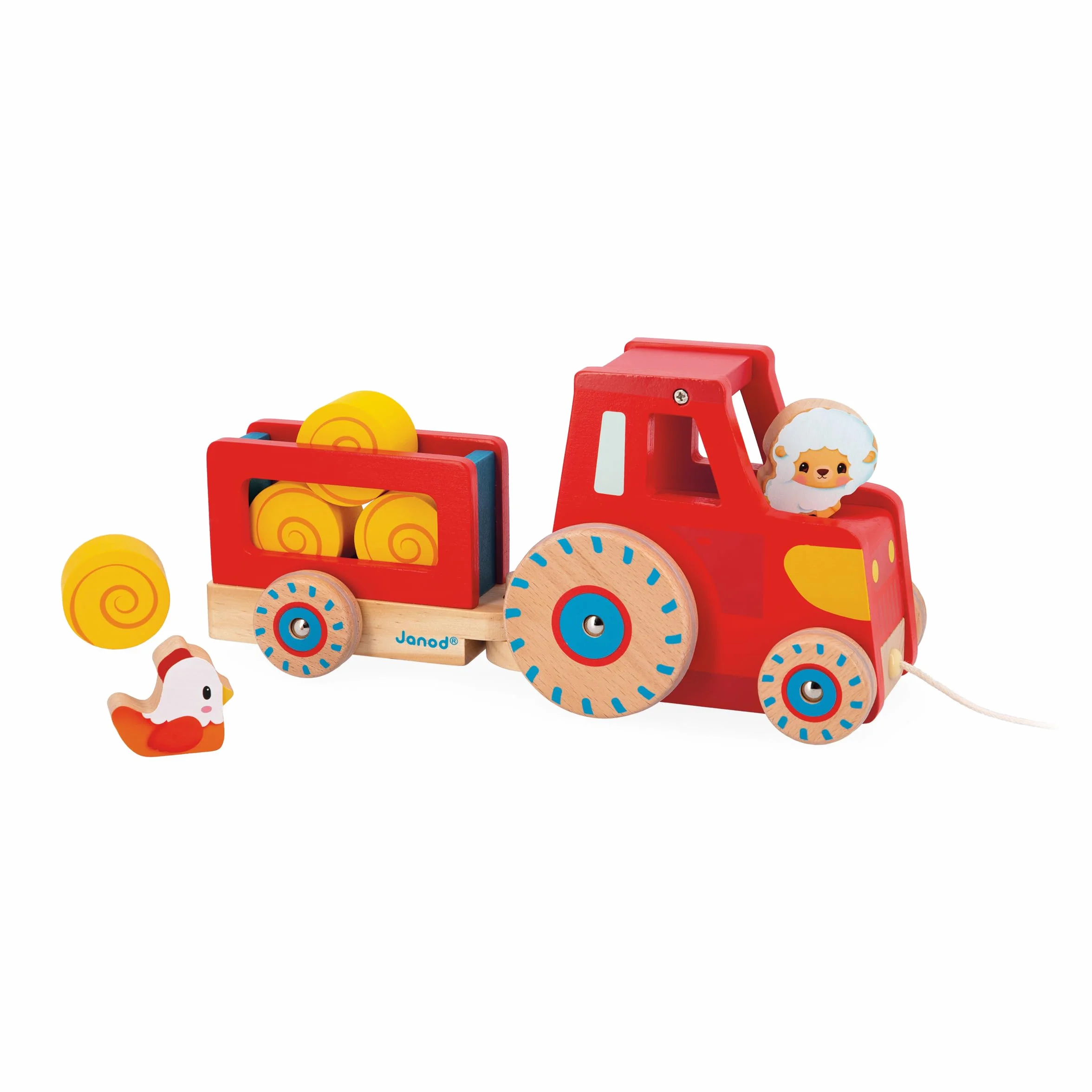 Janod - Trattore da Trainare - Giocattolo Multisensoriale - 1 Trattore per Bambini + 6 Accessori - Ruote silenziose - Sviluppa Le Abilità Motorie - Giocattolo in Legno FSC - dai 12 Mesi, J03317