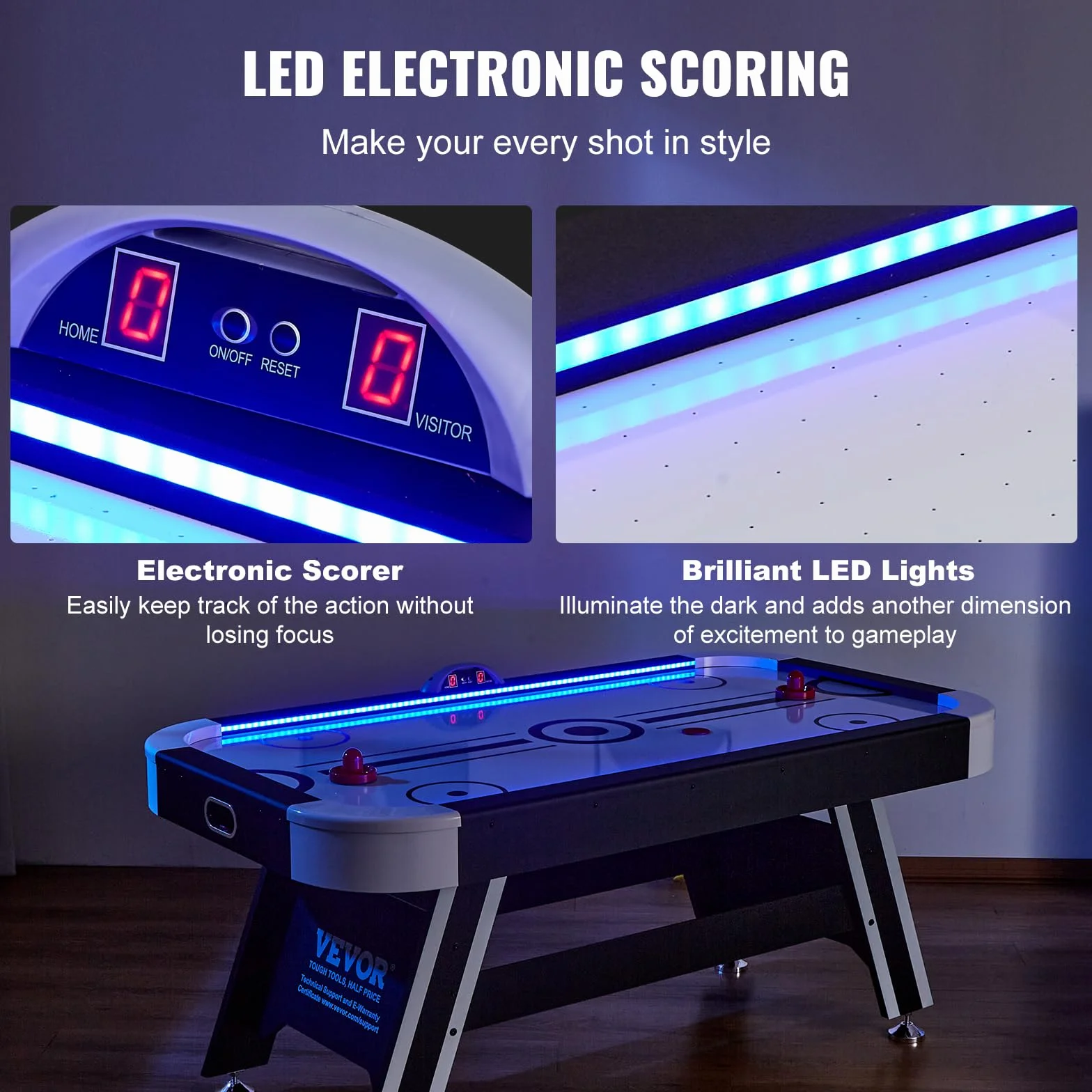 VEVOR Tavolo da Gioco ad aria Compressa, Tavolo Interno per Bambini e Adulti per Sala Giochi, Gioco da Balla Sportivo a LED con 2 Dischi, 2 Spingitori e Sistema di Punteggio Elettronico