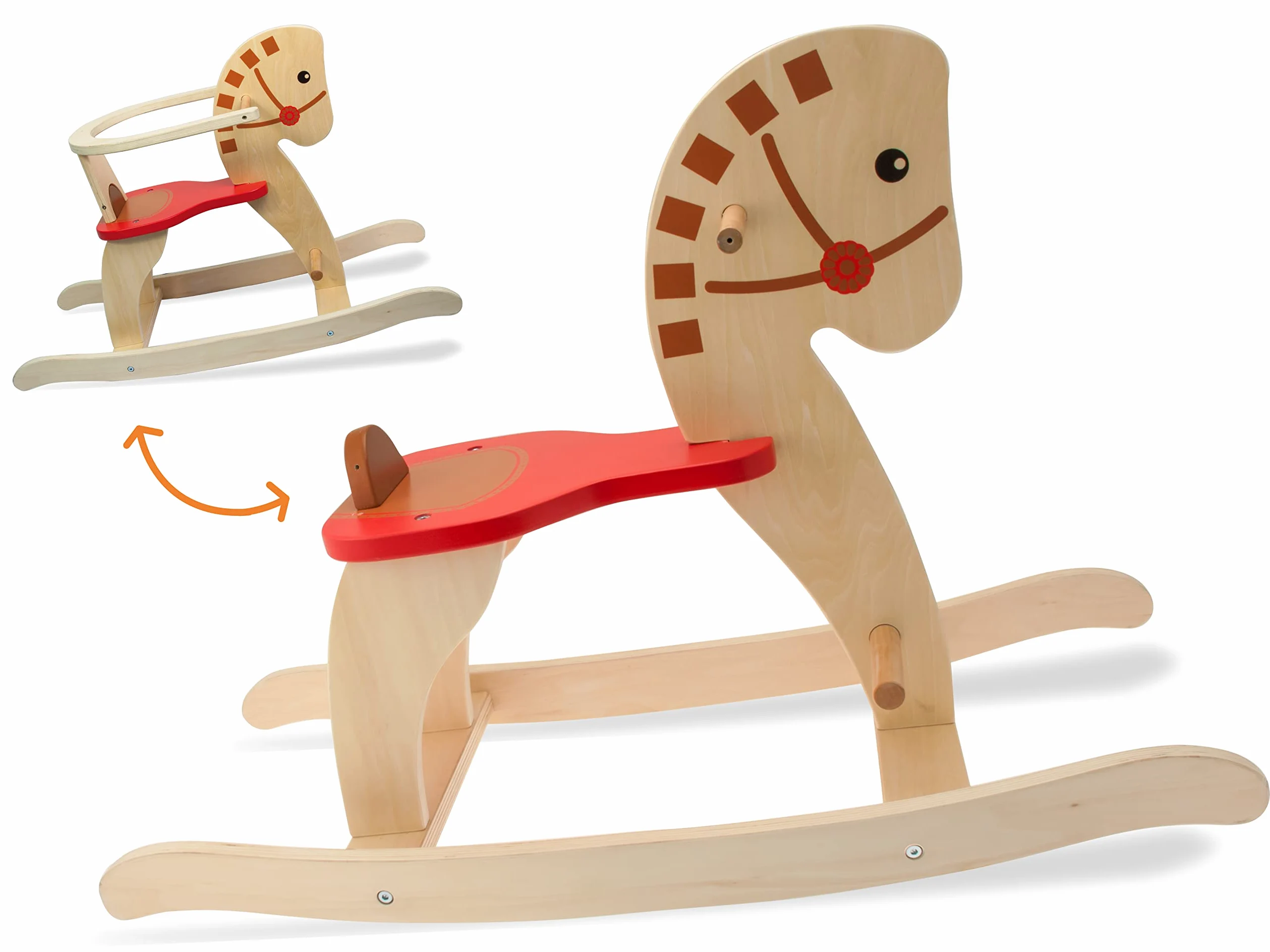Teorema Giocattoli, Fatto Di Legno– Cavallo a Dondolo in Legno per Bambini con Anello di Sicurezza, Portata Massima 35 kg, Colore Naturale e Rosso, Altezza da Terra 31 cm