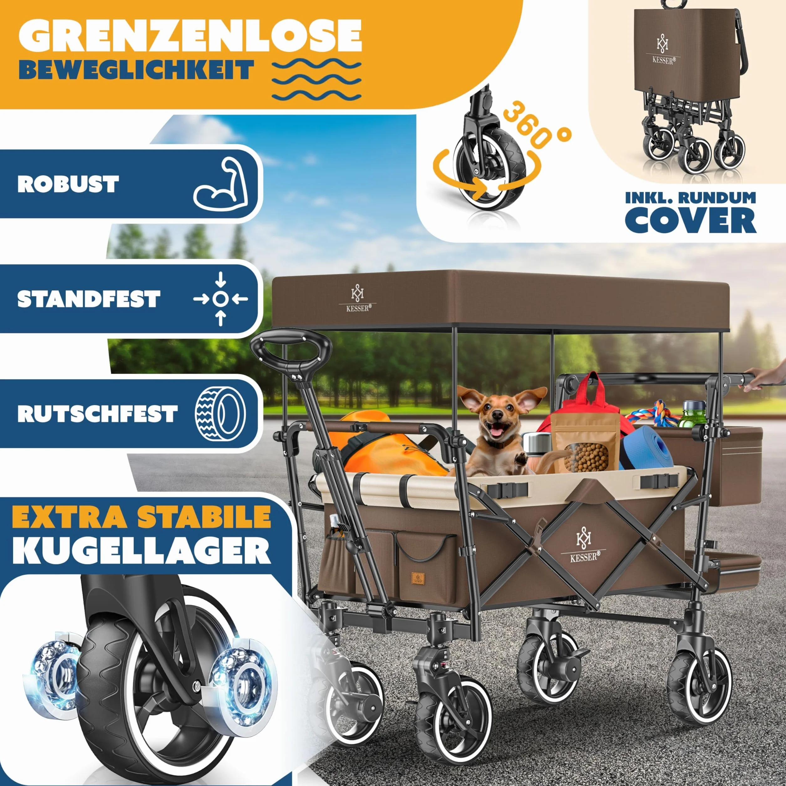 KESSER GTS-9100 - Carrello pieghevole con tetto, portata fino a 150 kg, con ruote in gomma dura e freni di stazionamento anteriore/posteriore, con serratura, copertura, intemperie e protezione da