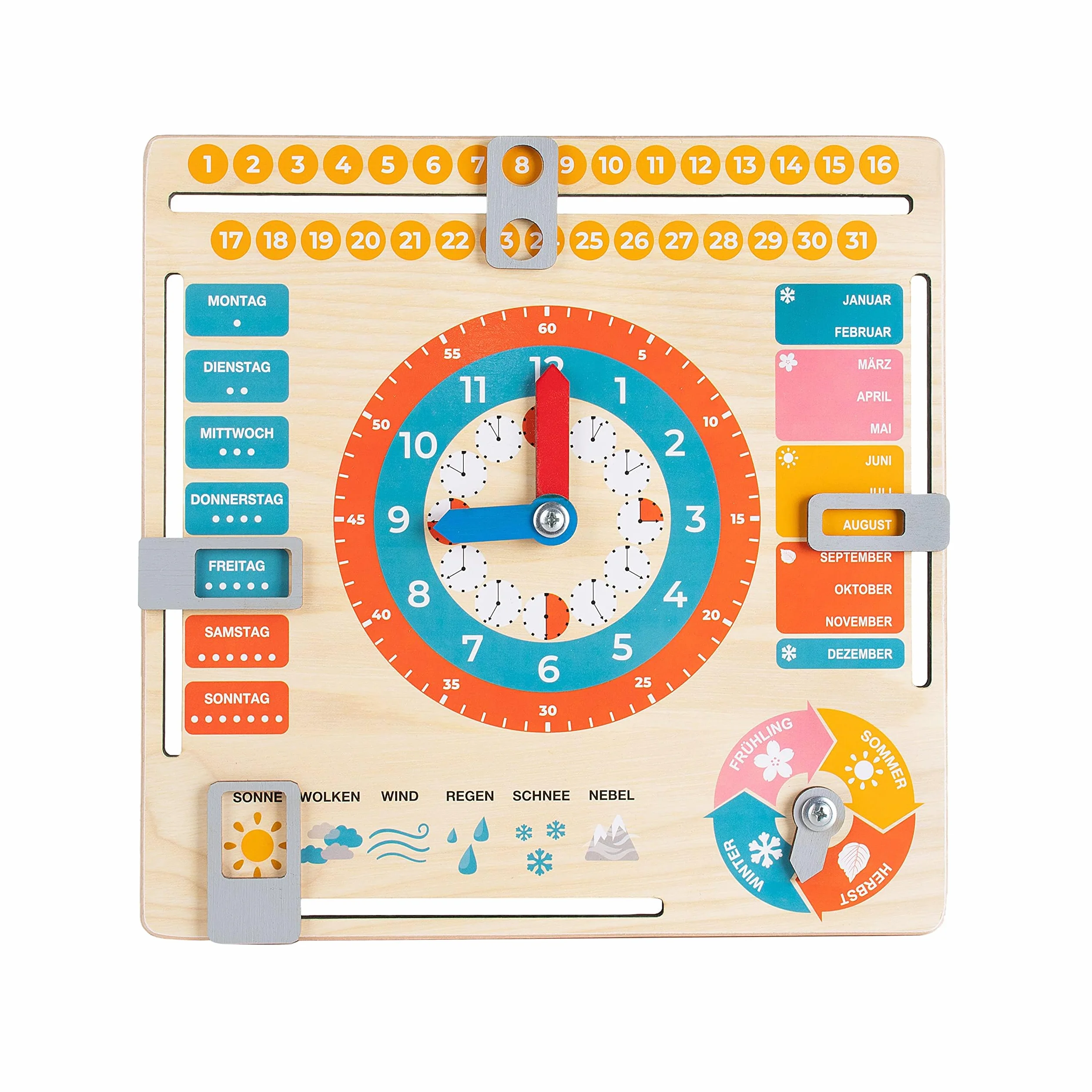 FANCY Orologio educativo per bambini, in legno, per bambini, in legno, per imparare l'ora, la data, i giorni della settimana, i mesi, le stagioni e le condizioni meteorologiche, a partire dai 3 anni