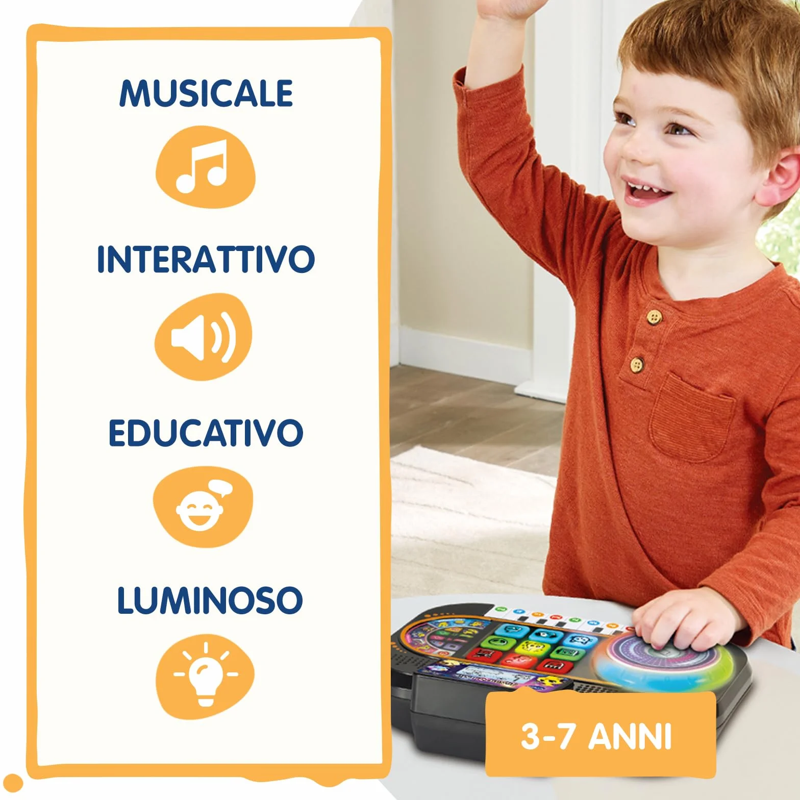 VTech Junior DJ Mix, Console da DJ per Bambini, Pulsante Registrazione, DJ Mix da Bambini con Tasti del Pianoforte, Schermo LCD e Piatto con Disco Luminoso, Lingua Italiana, Batterie Incluse, 3-7 Anni