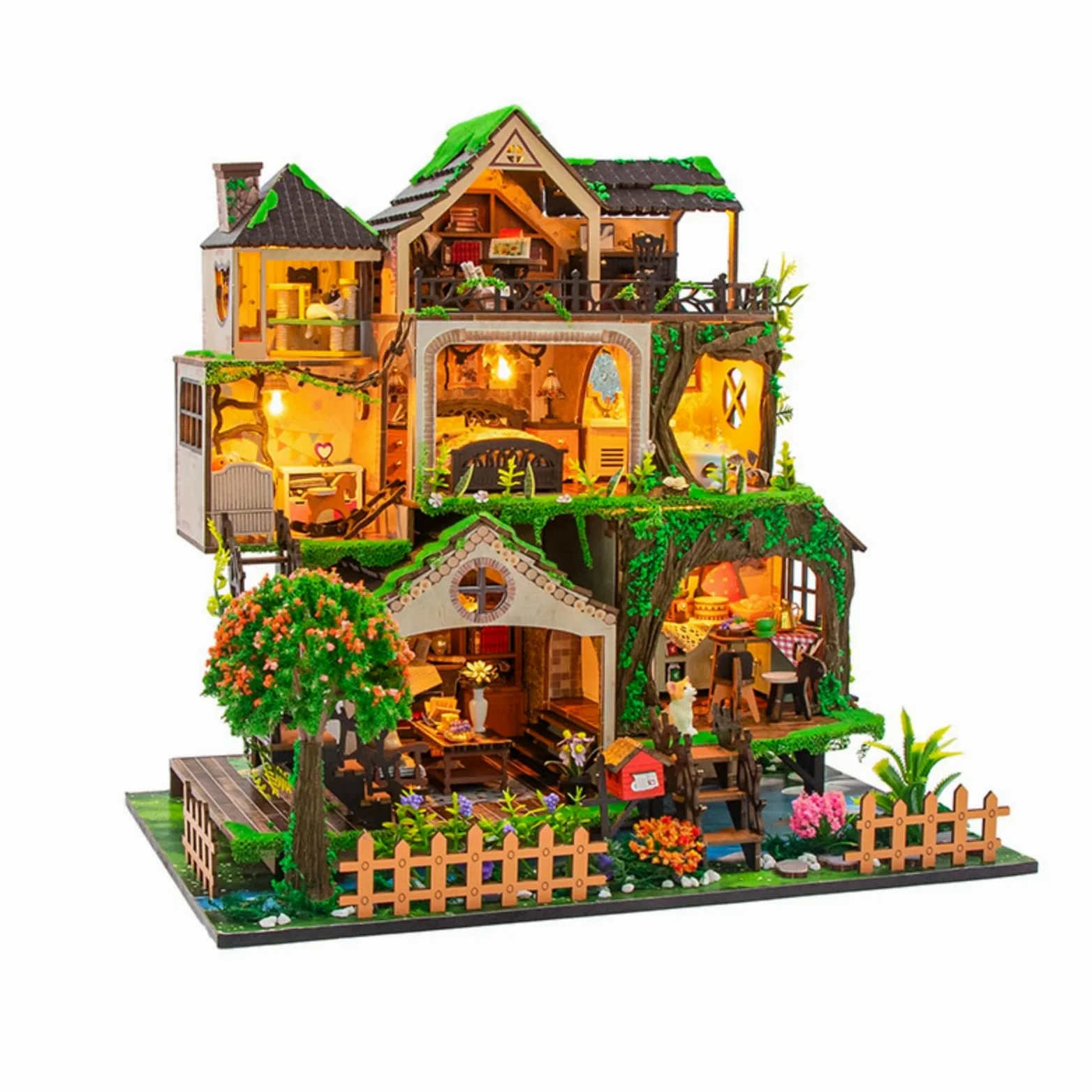 Gralara Casa in Miniatura Fai da Te Luminoso Casa in Miniatura Decorativo Miniature Angolo Libreria con Luci per Collezionisti, Libreria, Scrivania, Soggiorno, L2501童话森林-中文包装