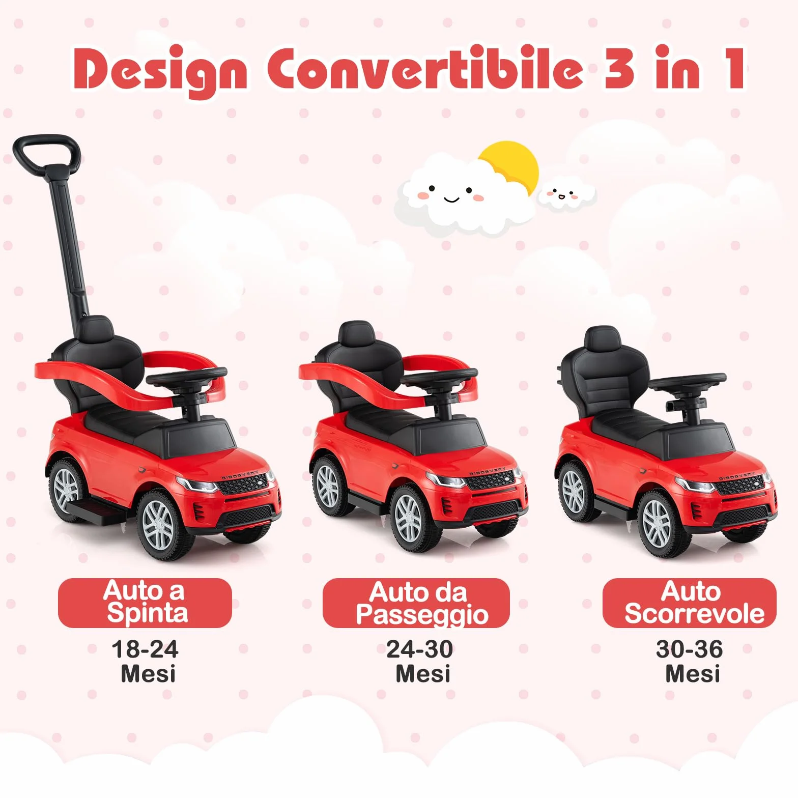 COSTWAY 3 in 1 Auto a Spinta, Macchinina a Pedale con Manico Removibile e Paracolpi, Clacson e Suono di Avvio, per Bambini 18-36 Mesi (Rosso)