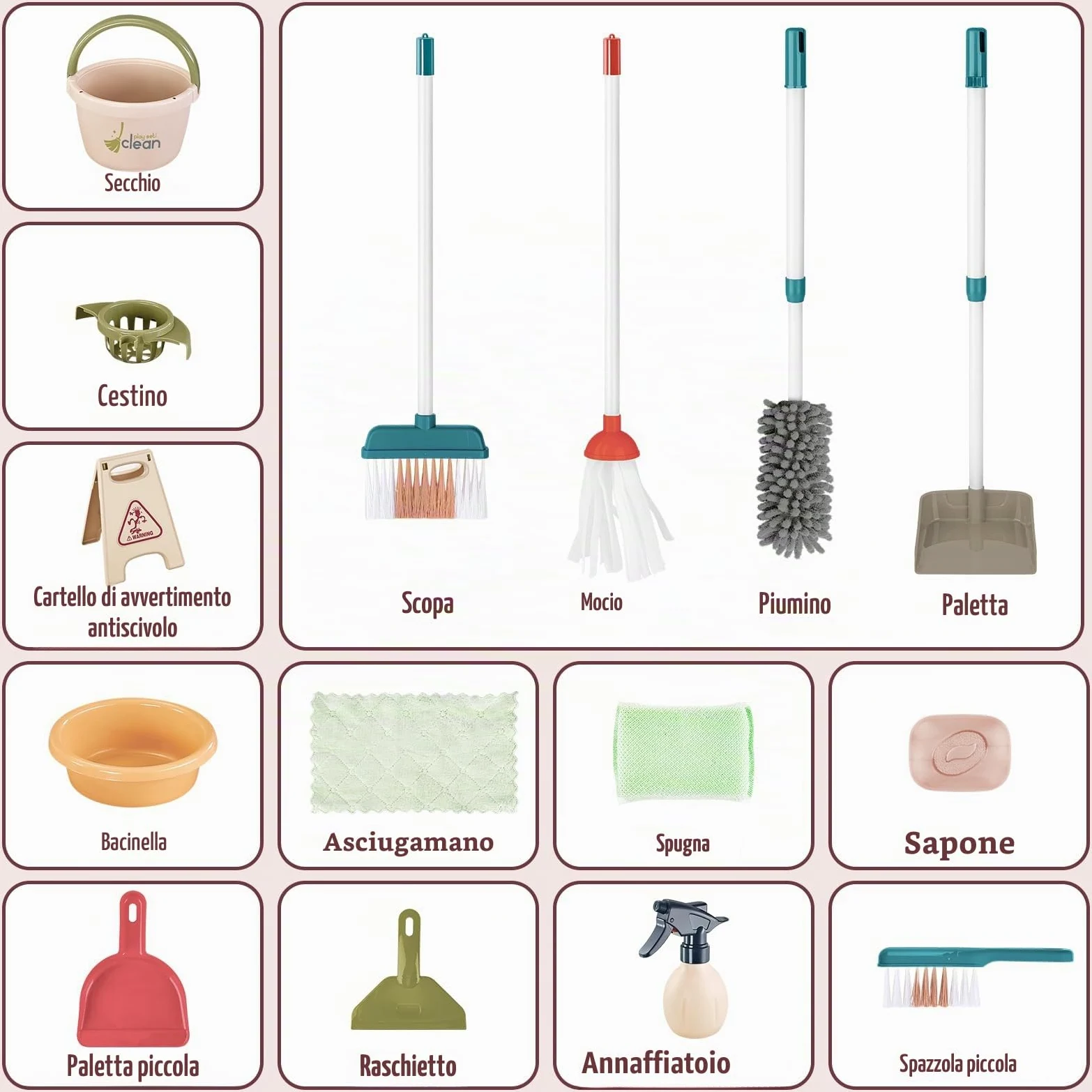 deAO Kit di Pulizia per Bambini, Carrello di Pulizia Staccabile con Scopa, Paletta, Spruzzatore, Giocattoli per Bambini, Gioco di Ruolo, Regalo 3 Anni+