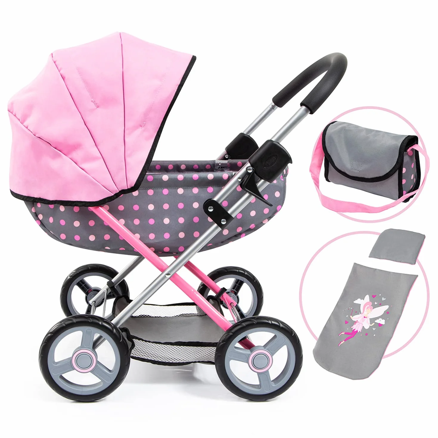 Bayer Design 12766AA Carrozzina per Bambole Cosy, Pieghevole, con Borsa, Cuscino e Coperta