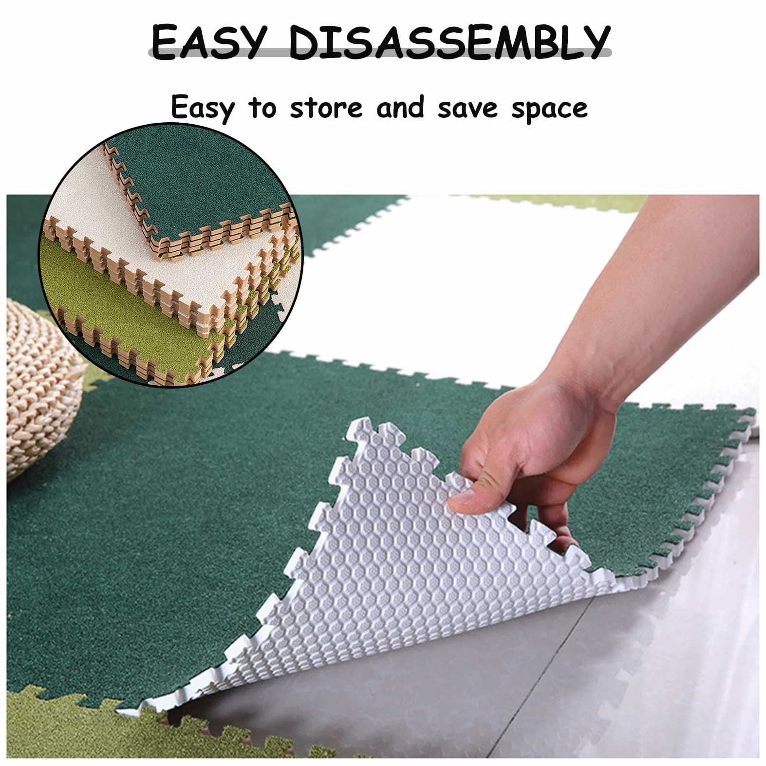 Tappeto a Incastro Splice, Tappeto Corto in Schiuma di Peluche, Puzzle, 100 Piastrelle in Schiuma ad Incastro, Tappetino Antiscivolo, tappeti Morbidi per la casa,Beige