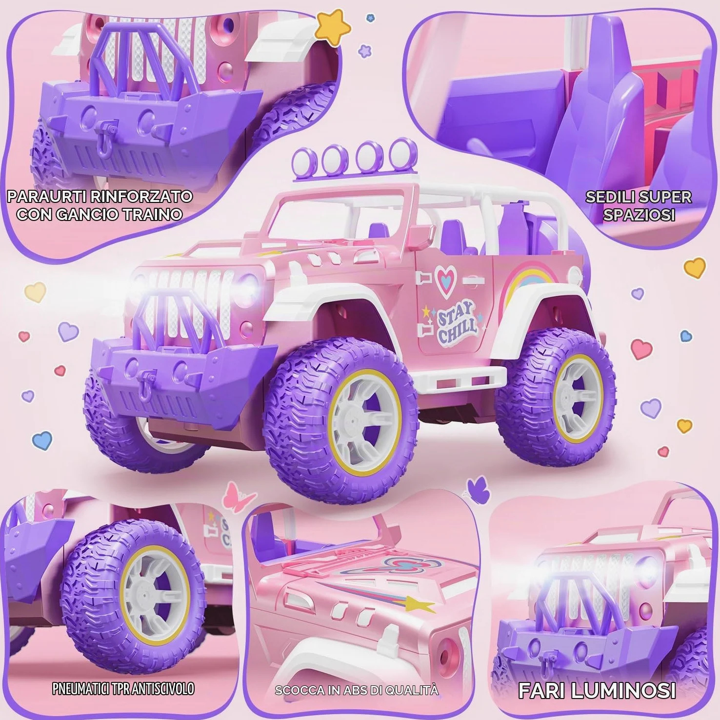 DEERC Rosa macchina telecomandata bambina con Nebbia Nebbia e Musica, 1:16 RC Auto con Luci a LED per Bambini, 2.4Ghz All Terrain SUV Camion Regali, Veicolo da Corsa Fuoristrada Giocattolo Auto, Gioca