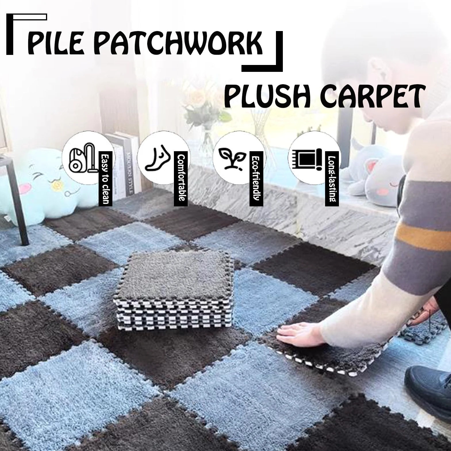 Tappeto in Schiuma di Peluche Splice Interlocking Carpet, 16 Pezzi Tappetino Interlocking, Tappetino in Schiuma Interlocking, Tappetino in Schiuma a Puzzle Quadrato,Dark Gray+Light Blue