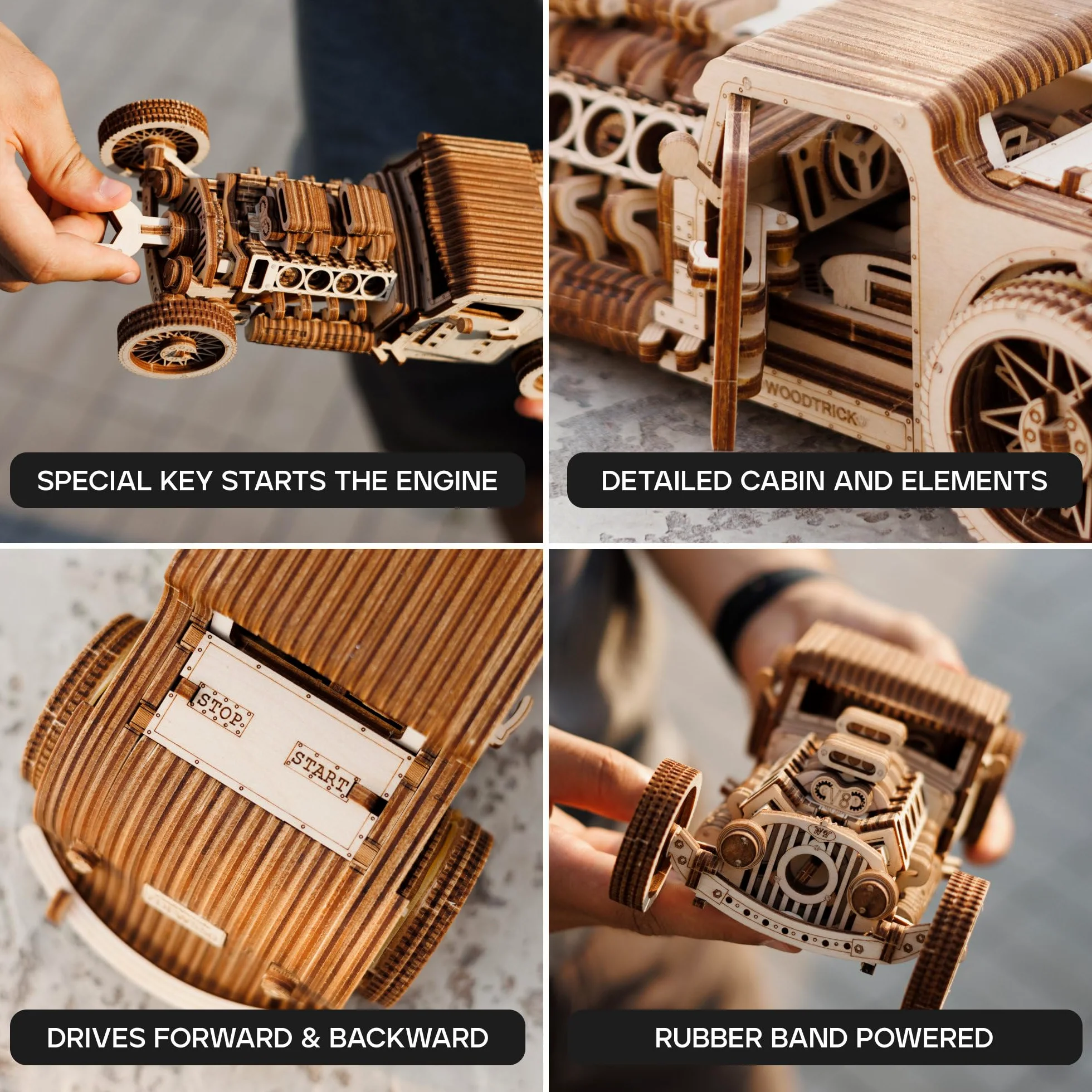 Wood Trick Hot Rod Car Puzzle 3D di Legno per Adulti da Costruire | [280 Pezzi] Rotola Fino a 9,8 m - Design Vintage Dettagliato - Kit di Montaggio Meccanico in Legno DIY per Adulti