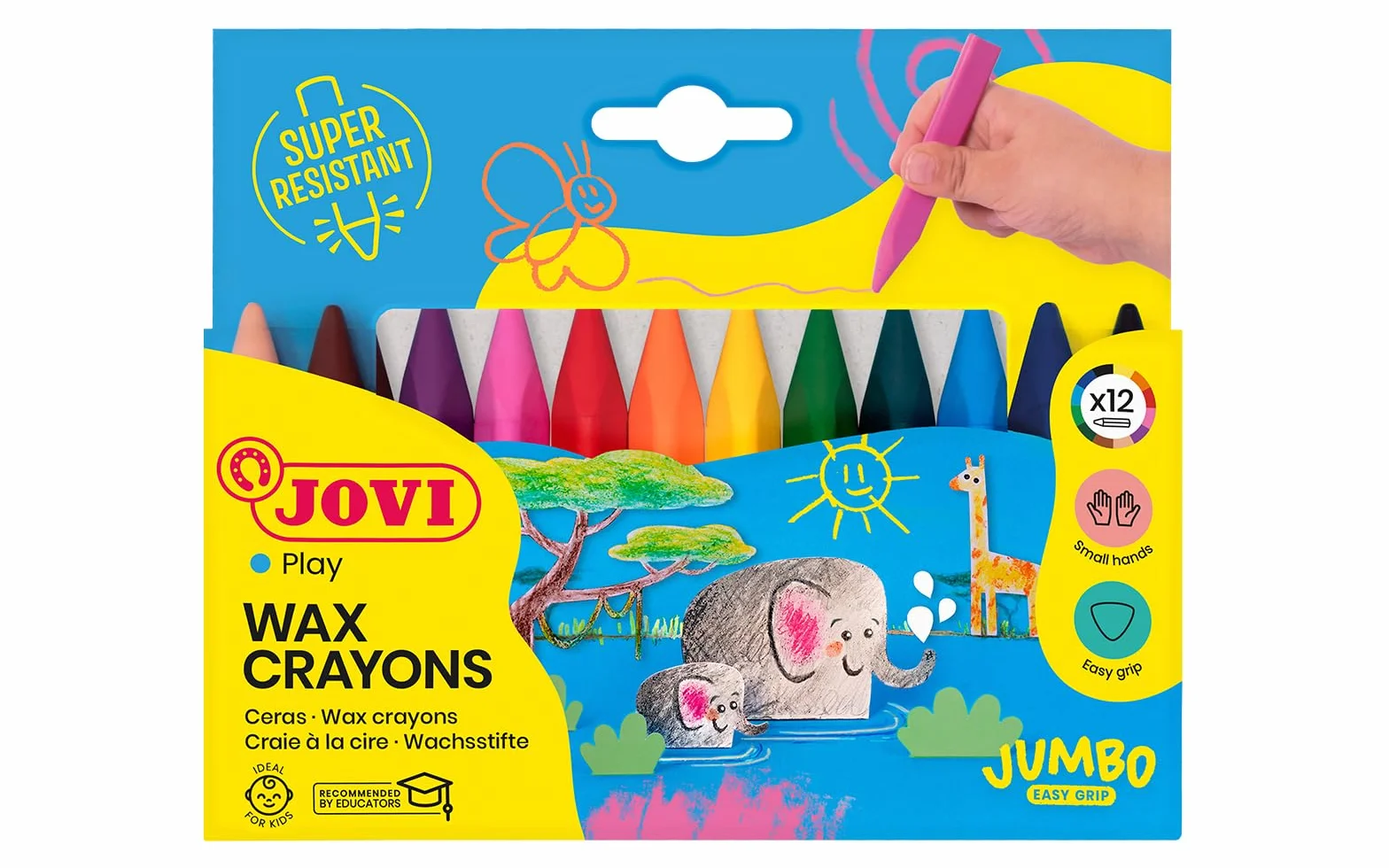 Jovi - Pastelli a cera Jumbo Easy Grip, Confezione da 12 cere triangolari, Colori assortiti, Super resistenti e performanti, Senza glutine