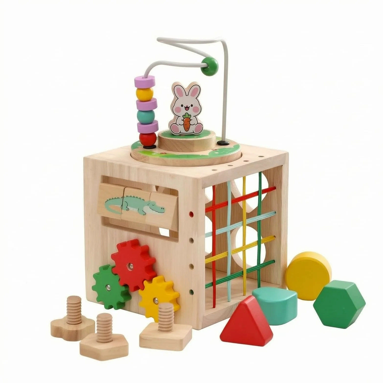 Cubo Multiattività Multifunzione Cubo attività in Legno Motricità Fine Tavolo attività con Ingranaggi per Neonati, Asilo Nido, Stanza dei Giochi