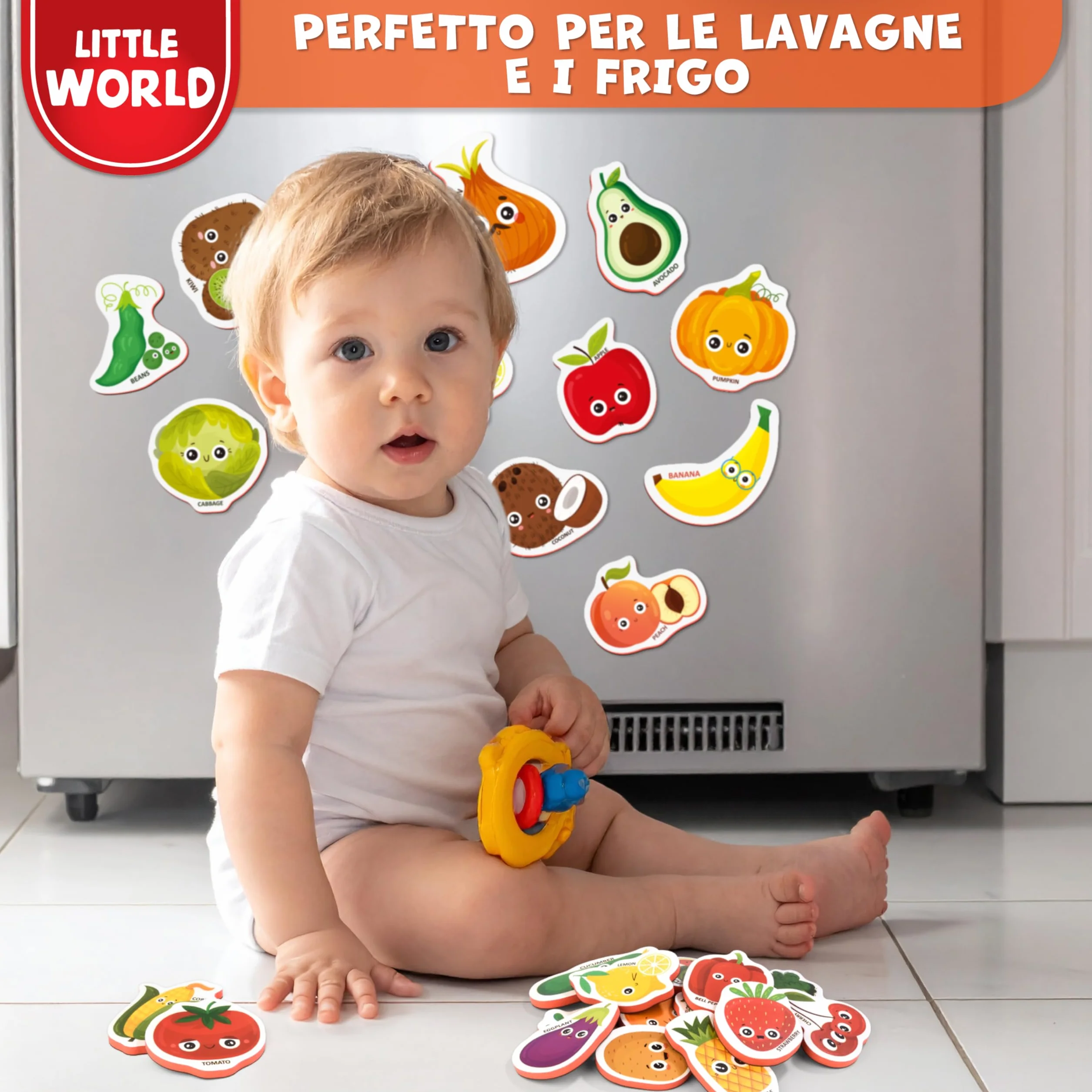 Magneti da frigo per bambini Little World 25 sztuk, frutta e verdura, atossici, impermeabili, in schiuma