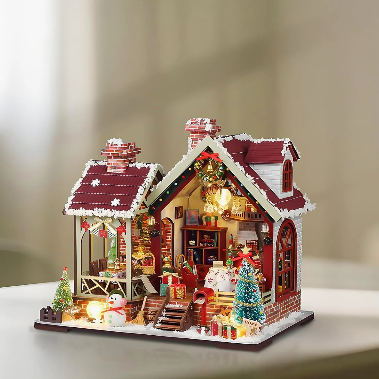 Kit fai da te per casa delle bambole in miniatura di Natale, kit mini casa delle bambole in legno per adulti, puzzle 3D in legno con LED, regalo di Natale e compleanno, decorazione per la casa per