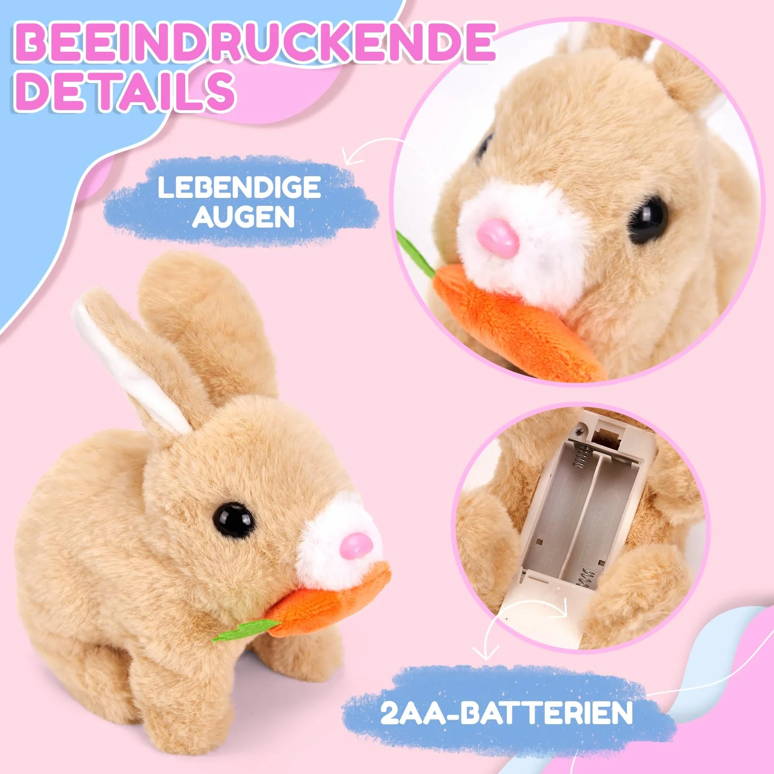 Giocattoli interattivi, coniglio che salta, coniglio di peluche piccoli, suoni e orecchie e naso si muovono, coniglietto di peluche per regali di Pasqua (marrone chiaro + confezione regalo)