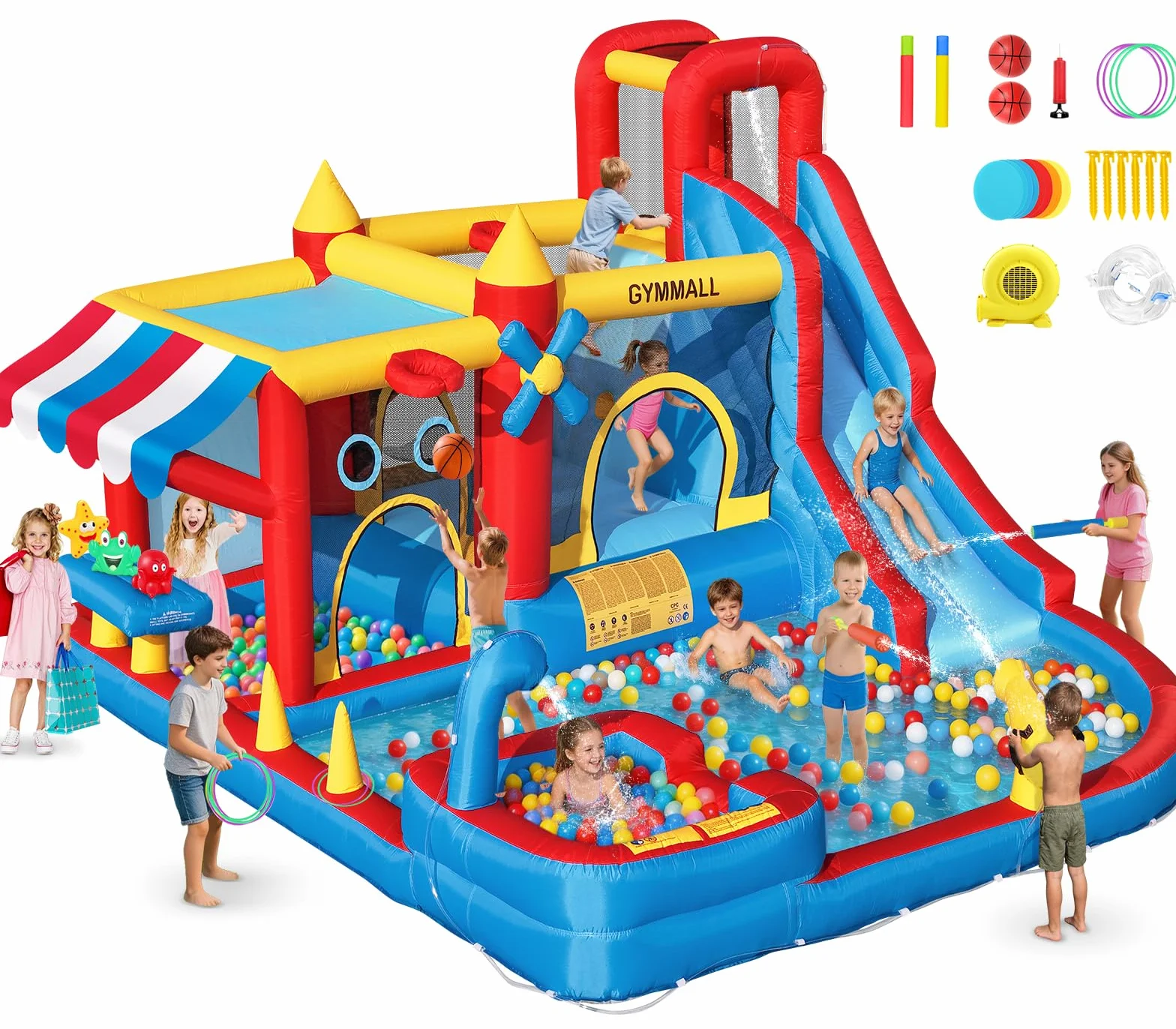 Castello Gonfiabile 10-in-1 Bambini – Supermercato Simulato, Scivolo d'Acqua, Piscinetta, Scivolo Lungo, Trampolino, Ventilatore 550W – Perfetto per Compleanni, Feste, Vacanze