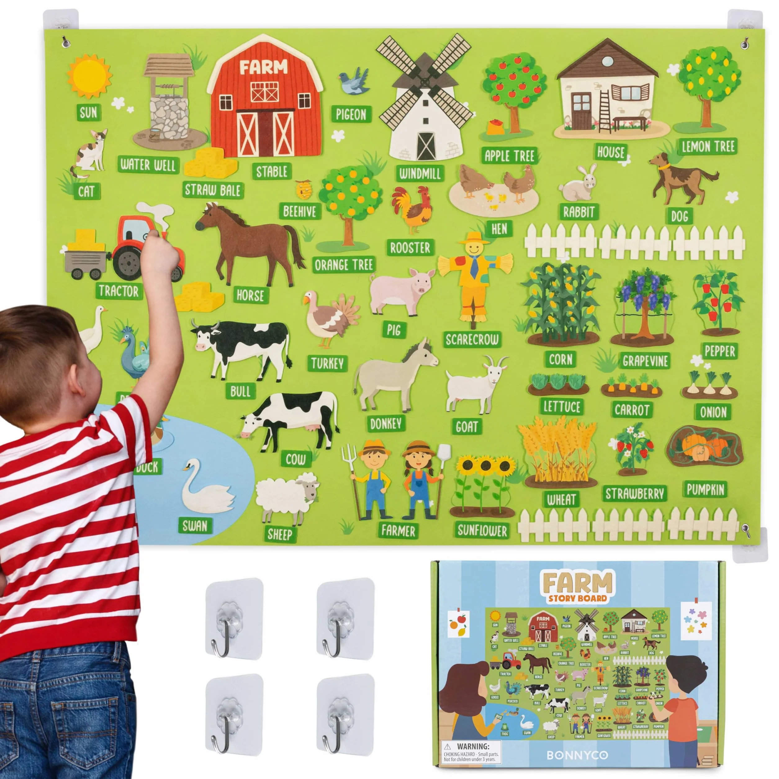 BONNYCO Lavagna di Feltro con 92 Figure di Animali della Fattoria. Giochi Montessori e Regalo Compleanno Bambini dai 3-8 Anni. Pannello Sensoriale per Autismo, Giocattoli Educativi