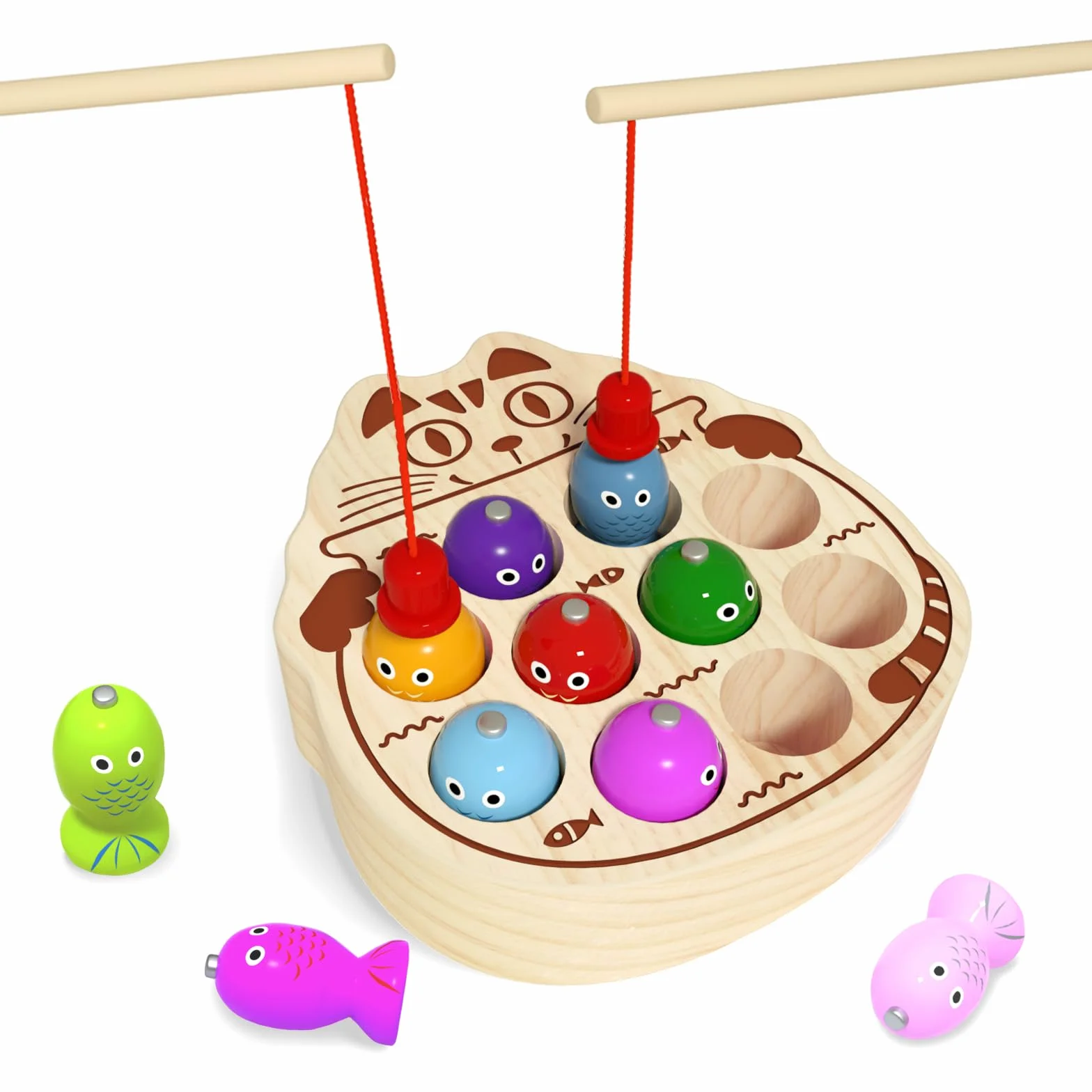 Giochi Montessori 2 Anni, Gioco Pesca Pesci Calamita 3 Anni con 10 Pesci 2 Canne da Pesca, Regalo Bambino per 2 3 4 Anni (Pesca al Gatto Carino)
