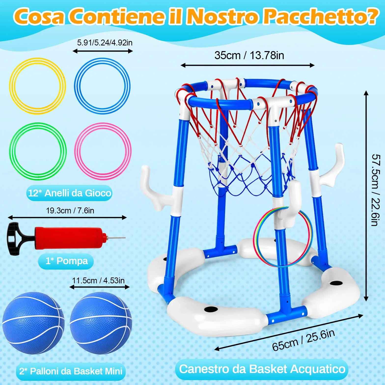 Canestro Basket Piscina, 2 in 1 Canestro da Basket Galleggiante per Piscina, Pool Basketball con 2 Palline, 12 Anelli e Pompa, Giochi Acquatici per Feste in Estive per Bambini e Adulti