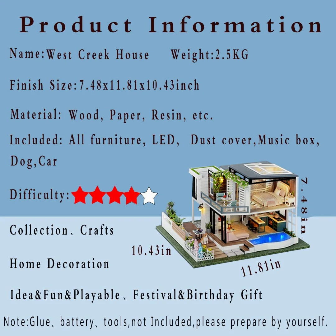 Generico Kit per Casa delle Bambole in Miniatura Fai da Te con Piscina in Legno 3D Giocattolo Puzzle di Pezzi Pretagliati Miniature da Costruire