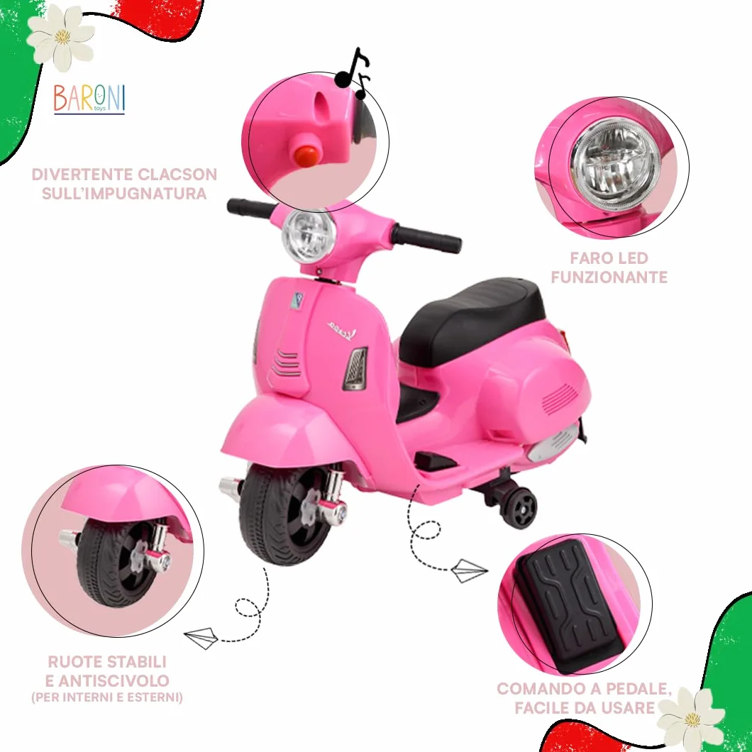 Baroni Toys Vespa Elettrica per Bambini Licenza Ufficiale, Moto Ride-On con Rotelle, Manubrio Sterzante, Fari e Clacson, Motore 6V, Velocità 3 km/h, da Interno ed Esterno, 61x31x32,5 cm, Rosa