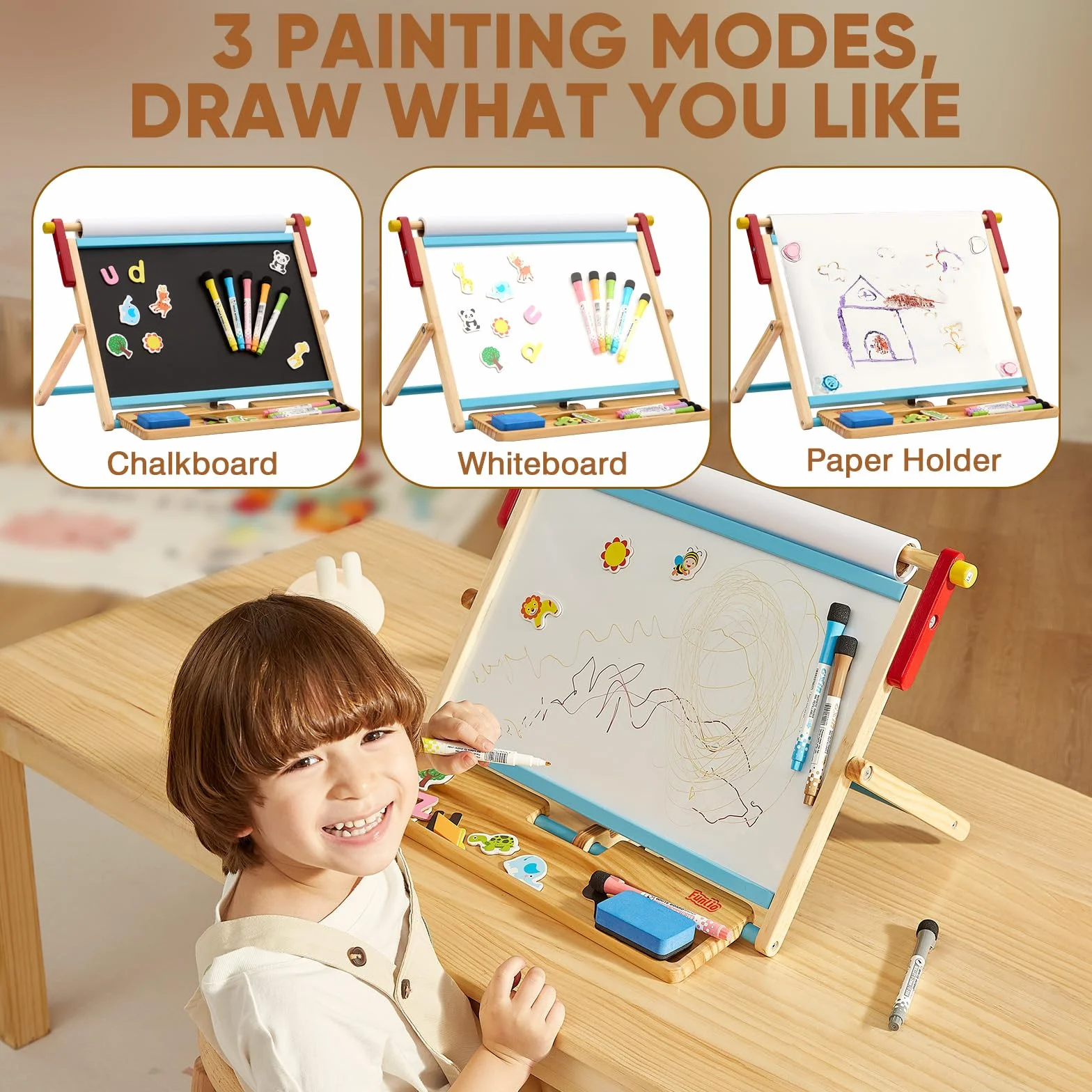 FUNLIO Cavalletto da Tavolo 3-in-1 per Bambini 3+ (100+ accessori), Lavagnetta Magnetica in Legno, Lavagna Cancellabile per Bambini con Rotolo Carta, 3 Angoli Regolabili, Pieghevole - Blu