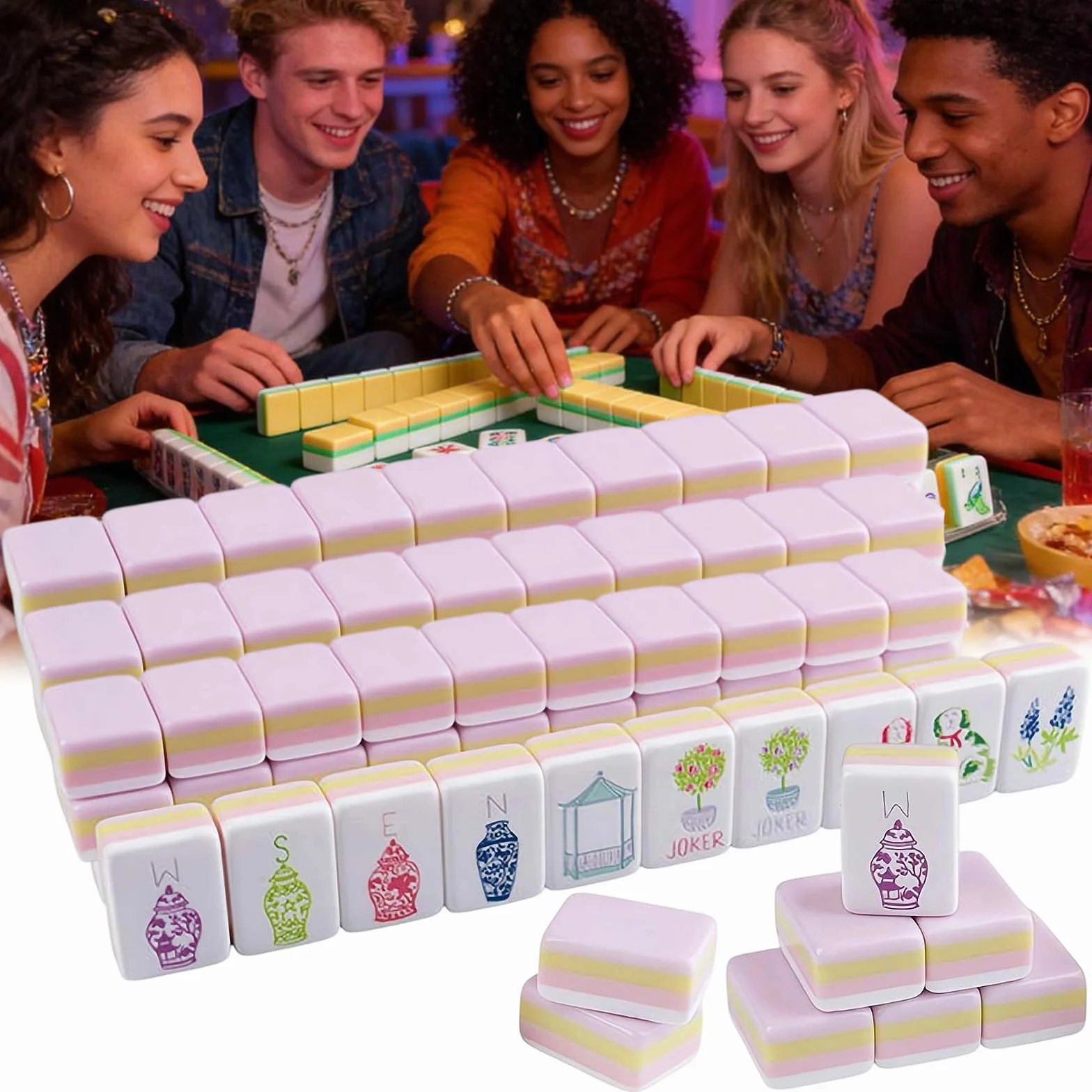 Set di piastrelle Mahjong americano, 160 pezzi in acrilico a 4 strati incisi Mahjong piastrelle 3,2 cm dimensioni standard set completo con accessori, set di gioco Mahjong per principianti gioco in