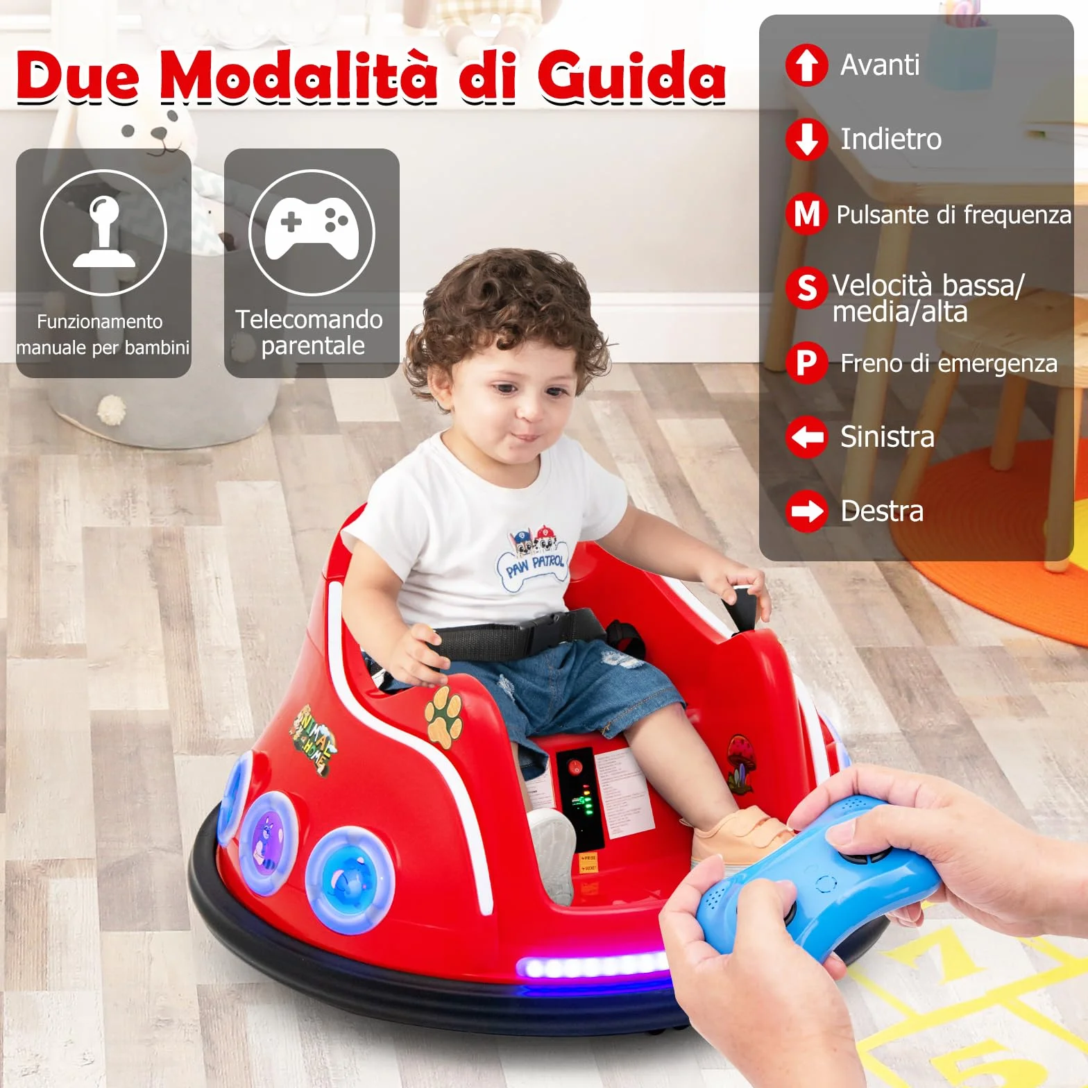 Auto Elettrica 12V per Bambini 3+ con Telecomando 2,4G, Rotazione 360°, Luci e Musica, 73x73x43 cm Rosso
