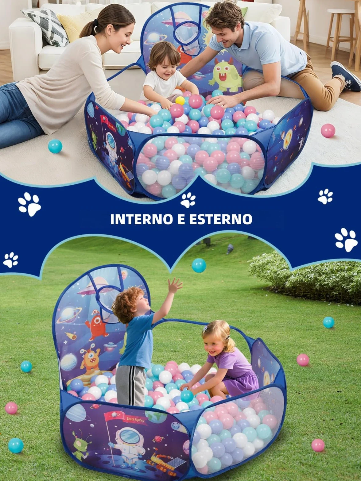 ZimiTeda Vasca Palline per Bambini con Gattini e Cagnolini - con Canestro da Basket, Pieghevole, per Interni/Esterni - 120 cm (Palline Non Incluse) (Space Rocket)